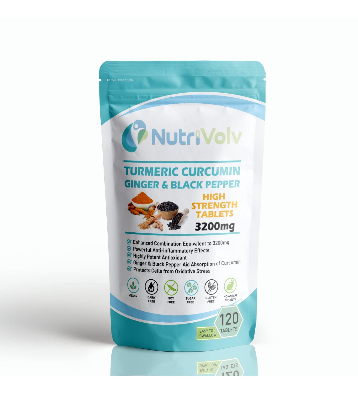 Nutrivolv Turmeric Curcumin 3200mg with Ginger & Black Pepper for Enhanced Absorption | High Strength | Organic | Vegan 120 Tablets | Joint Support Inflammation & Pain Relief - Buy Online on GoSupps.com