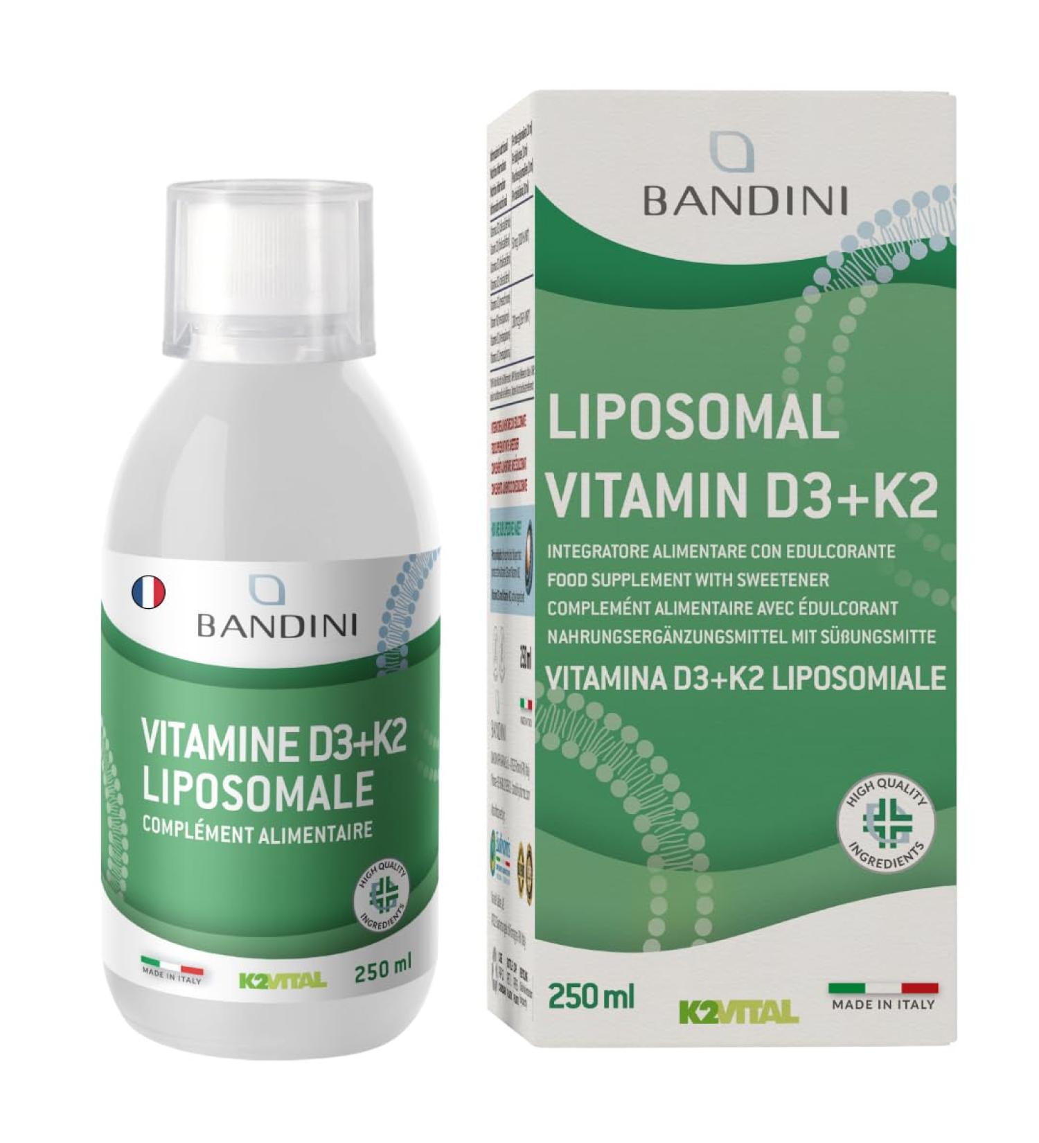 Bandini Vitamin D3 + K2 Liposomal Liquid 250 ml | Food Supplement High Dose Syrup D3 2000 IU (Cholecalciferol) + K2 MK7 200mcg | Immune System Functioning and Natural Defenses - Buy Online on GoSupps.com