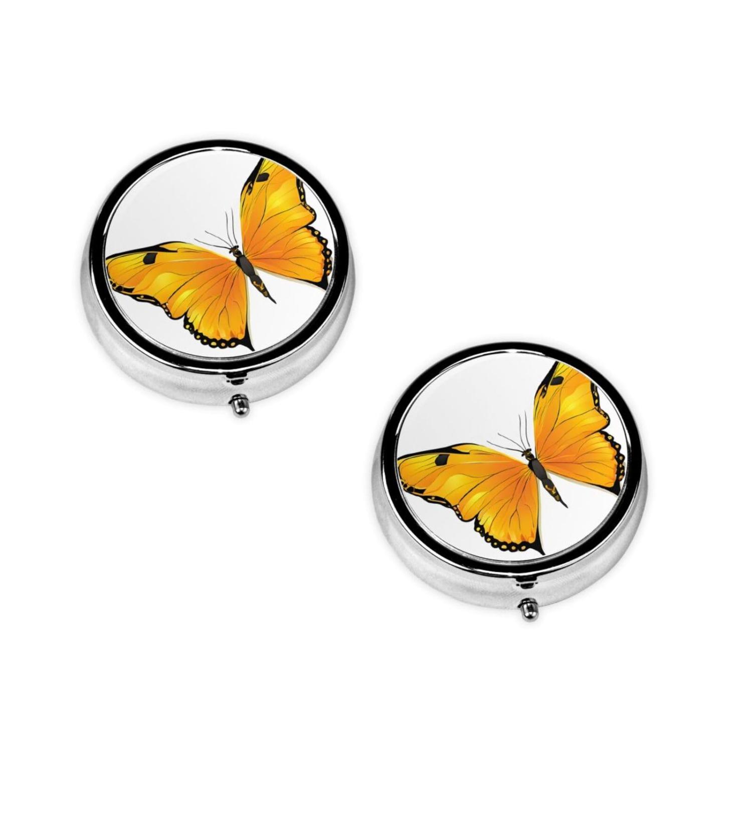 Pretty Butterflies Round Pill Box - 3 Compartment Mini Travel Organizer for Tablets & Vitamins | Decorative Pocket Purse Pill Case - Buy Online on GoSupps.com