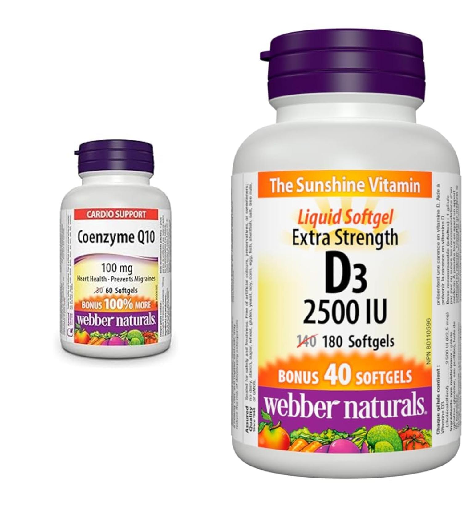 Webber Naturals Coenzyme Q10 (CoQ10) 100mg 60 Softgels & Vitamin D3 2500 IU Extra Strength 180 Softgels For Healthy Bones Teeth and Helps Prevent Vitamin D Deficiency Naturals Coenzyme Q10 + Vitamin D3 - Buy Online on GoSupps.com