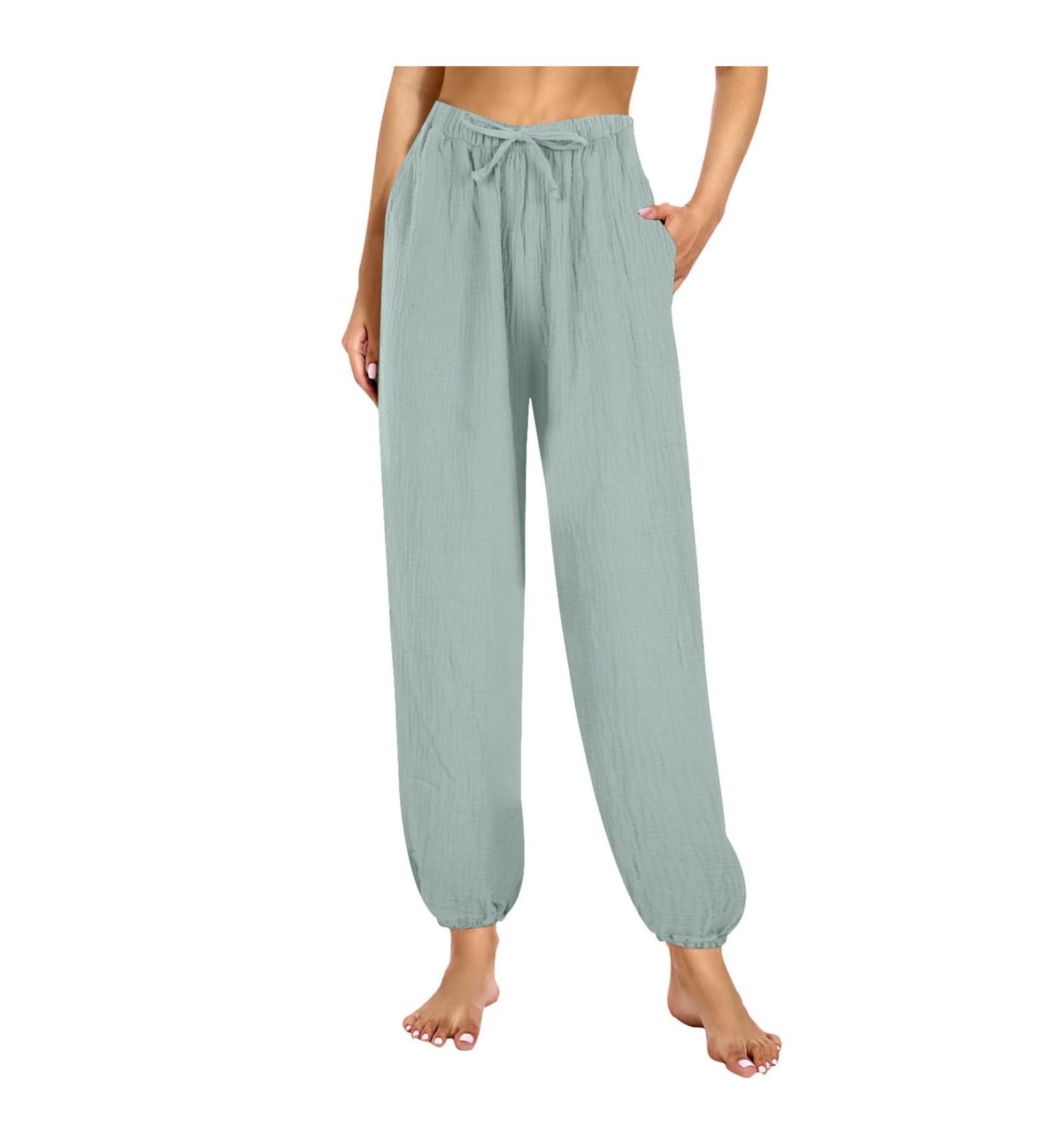 Leisure pants women long wide leg colored short size 21 22 yoga pants summer pants summer pants harem pants linen pants fabric pants pumpphosis white summer light elegant stretch linen airy slip pants green m