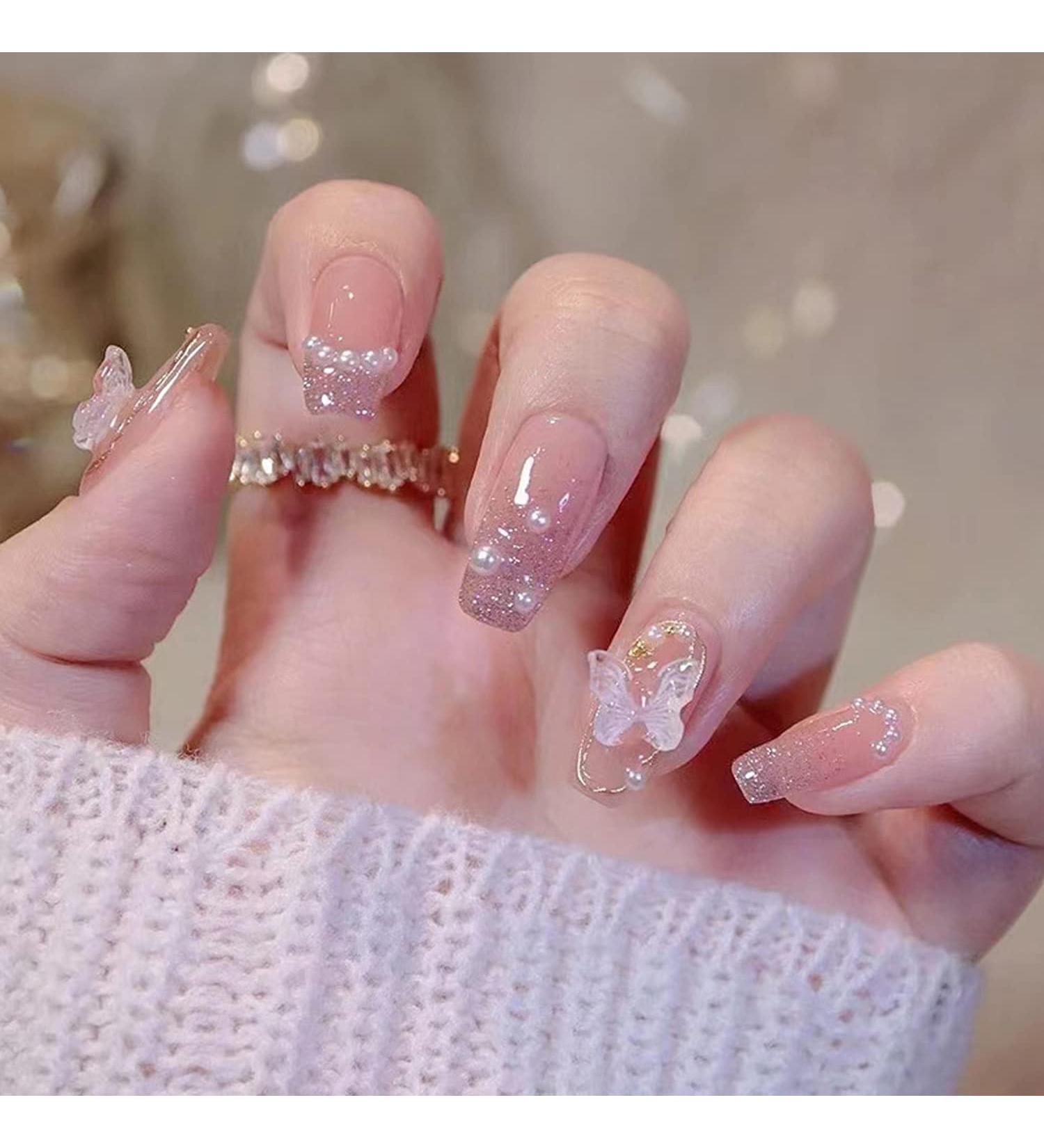 Stereoscopic Butterfly Press on Nails - White Pearl Glitter Gold Lines Medium Coffin Shape False Nails for Women - Buy Online on GoSupps.com