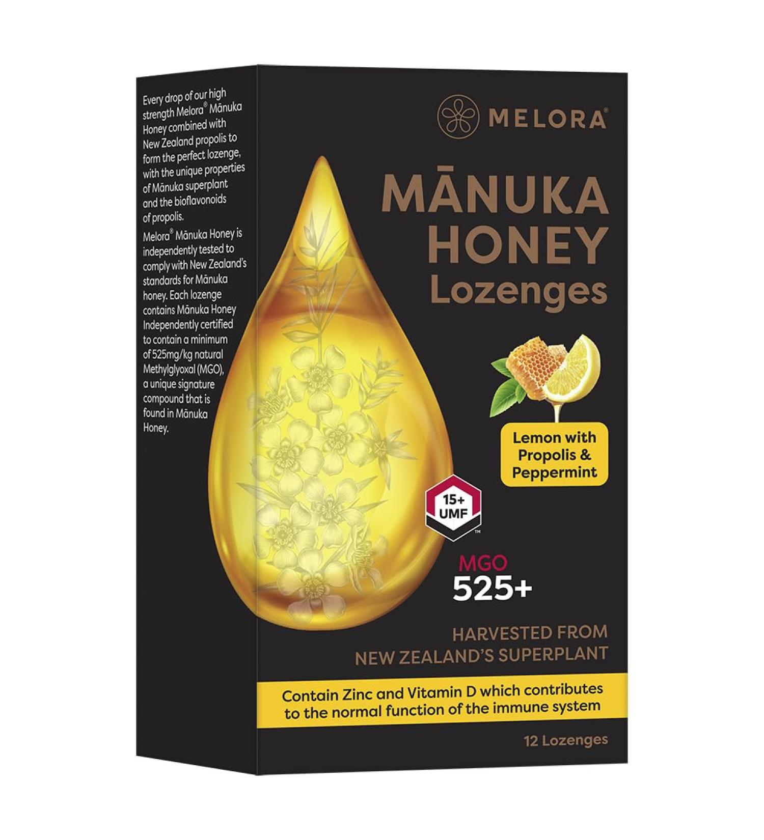 Melora High Strength Manuka Honey Lozenges - 525+ MGO - UMF 15 with Propolis | Naturally Soothing for Sore Throat Relief and Immunity | Lemon & Peppermint Flavour | Pack of 12 Lozenges (48g) - Buy Online on GoSupps.com