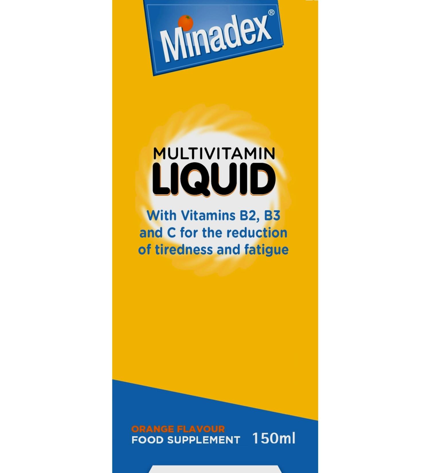Minadex Multivitamin Liquid for Adults & Kids (Delicious Orange Flavour) 150 ml - Omega-3 & Vitamins A B2 B3 C D E for Reduction of Tiredness and Fatique 150 ml (Pack of 1) - Buy Online on GoSupps.com