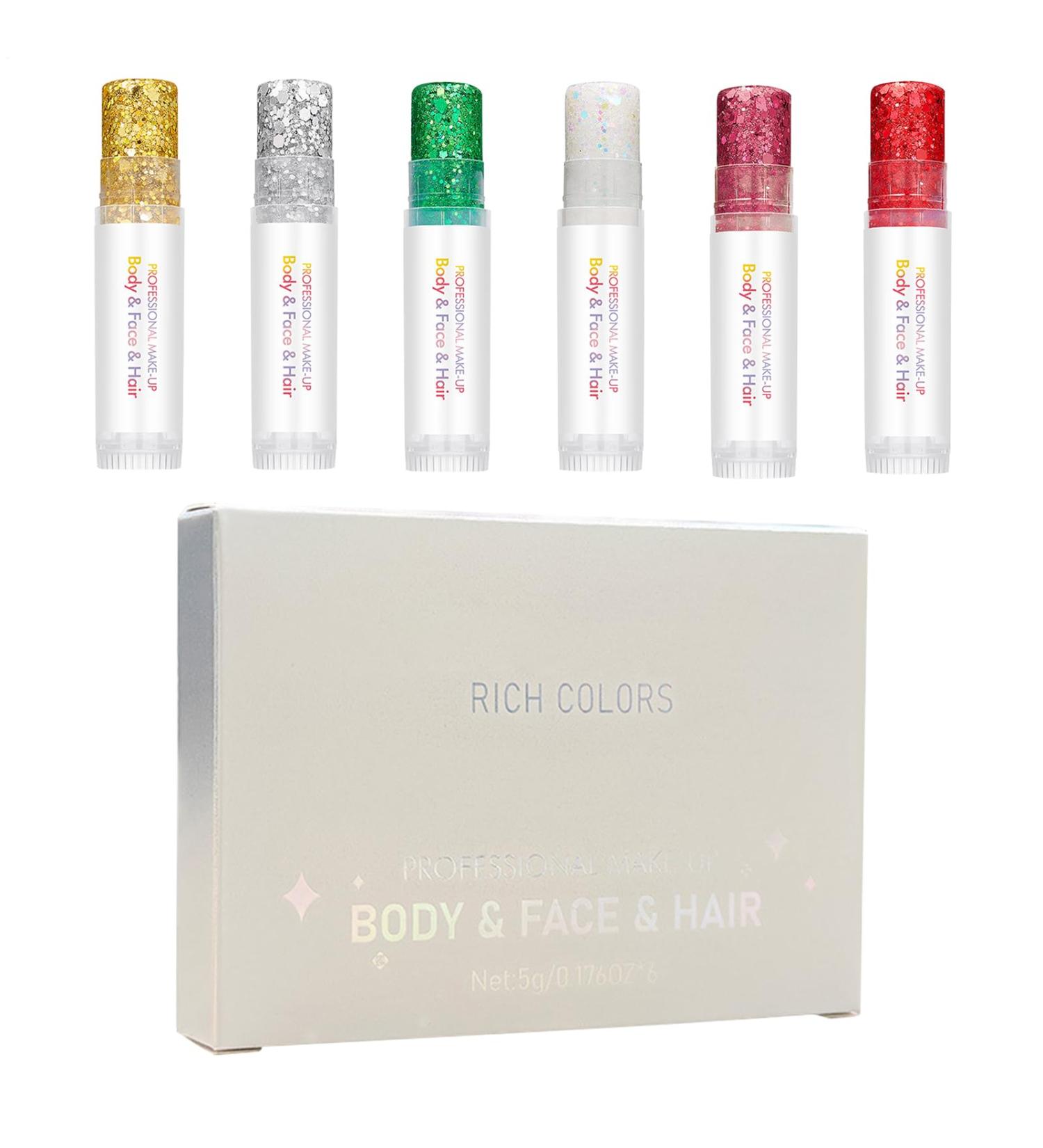 Glitter Stick for Body Sparkling Gel with 6 Colors Hair Glitter | For Festivals Parties Halloween Carnivals Musical Events Christmas Themes - Buy Online on GoSupps.com