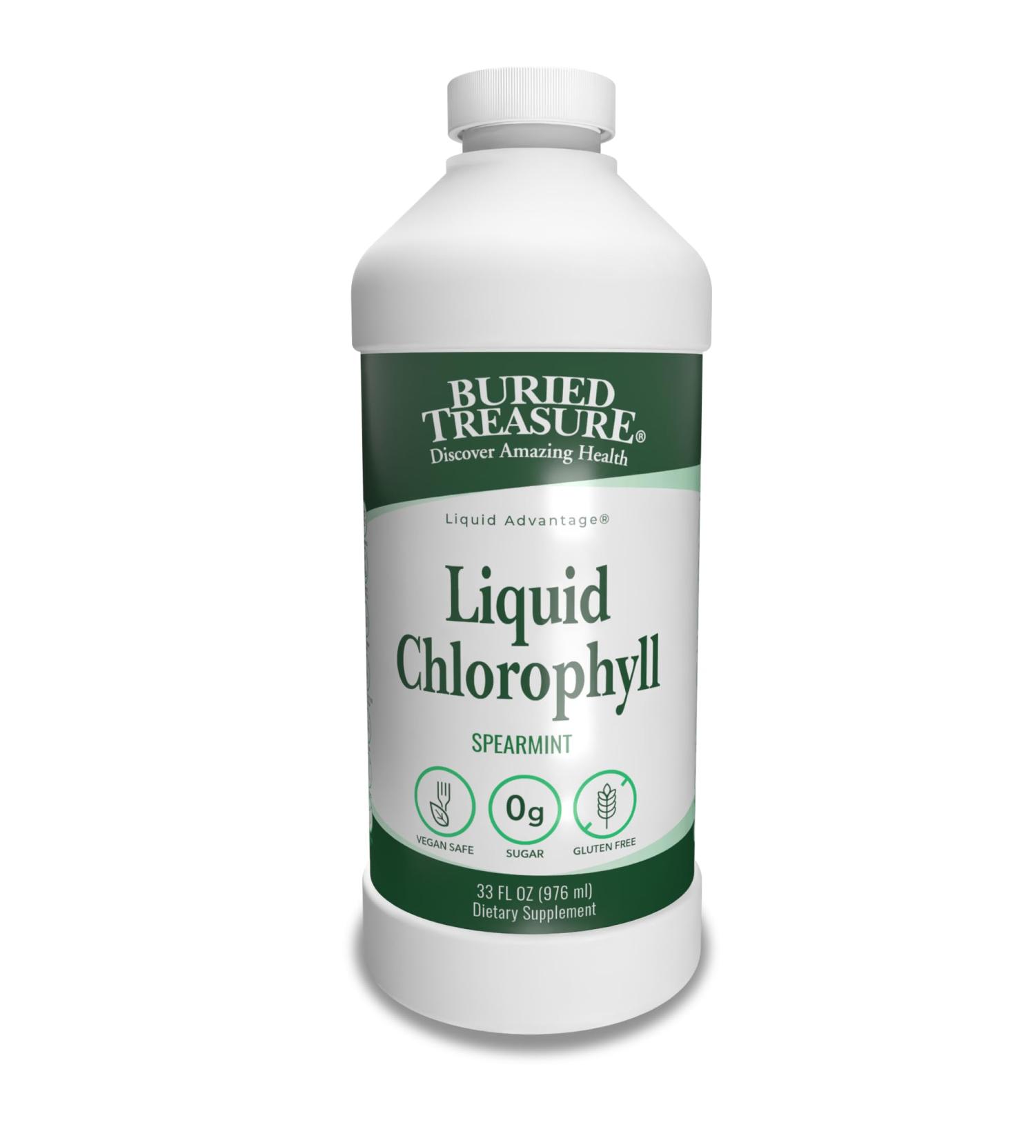 Buried Treasure Liquid Chlorophyll 100 mg, Dietary Supplement, Intestinal Digestive Support Natural Body Deodorant Vegan Non-GMO Alcohol Free, Spearmint Flavor 32oz - Buy Online on GoSupps.com