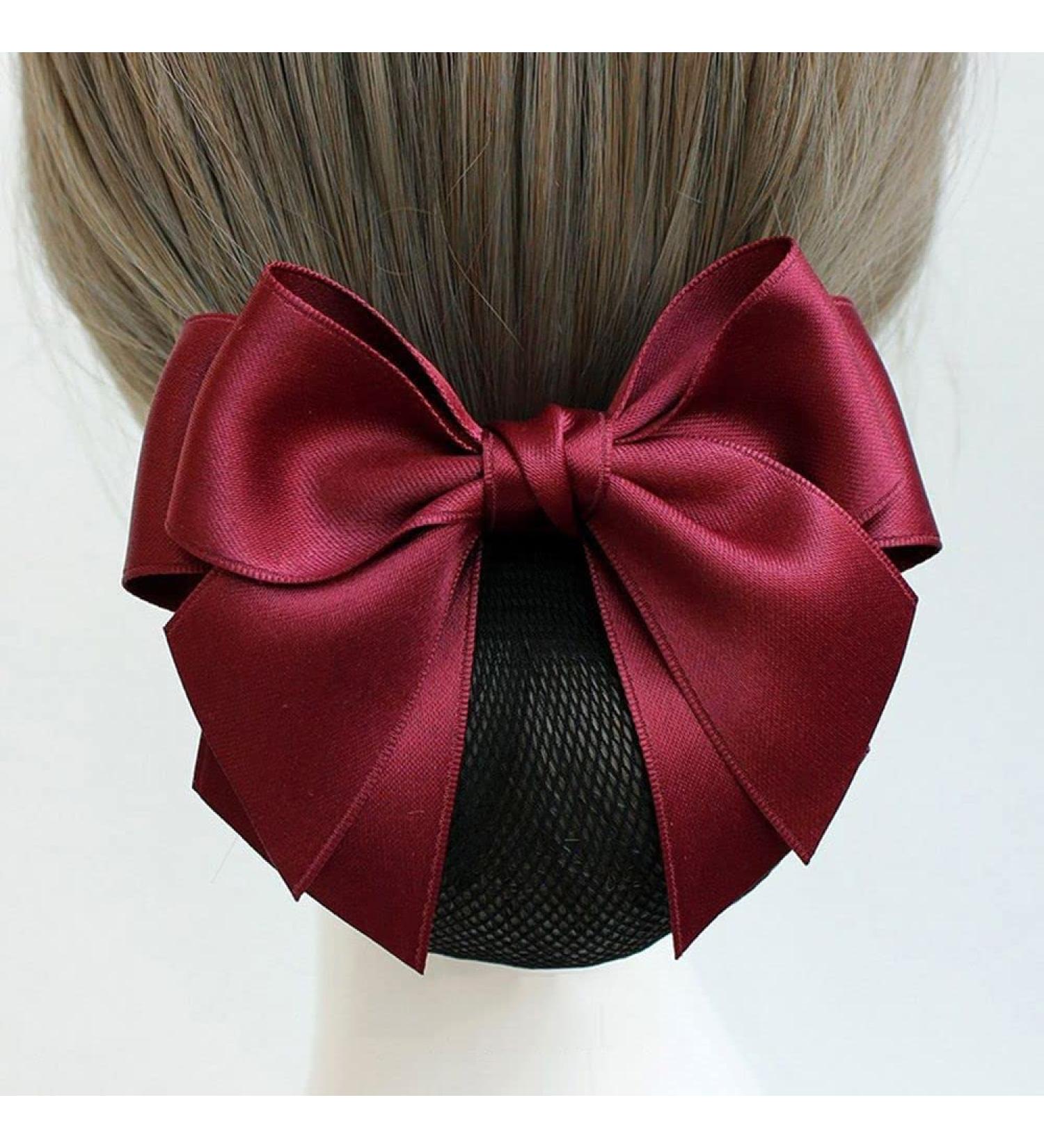 Wine Red Women's Hair Snood with Bowknot Decor - Elastic Mesh Hair Bun Cover Barrette Clip - Buy Online on GoSupps.com
