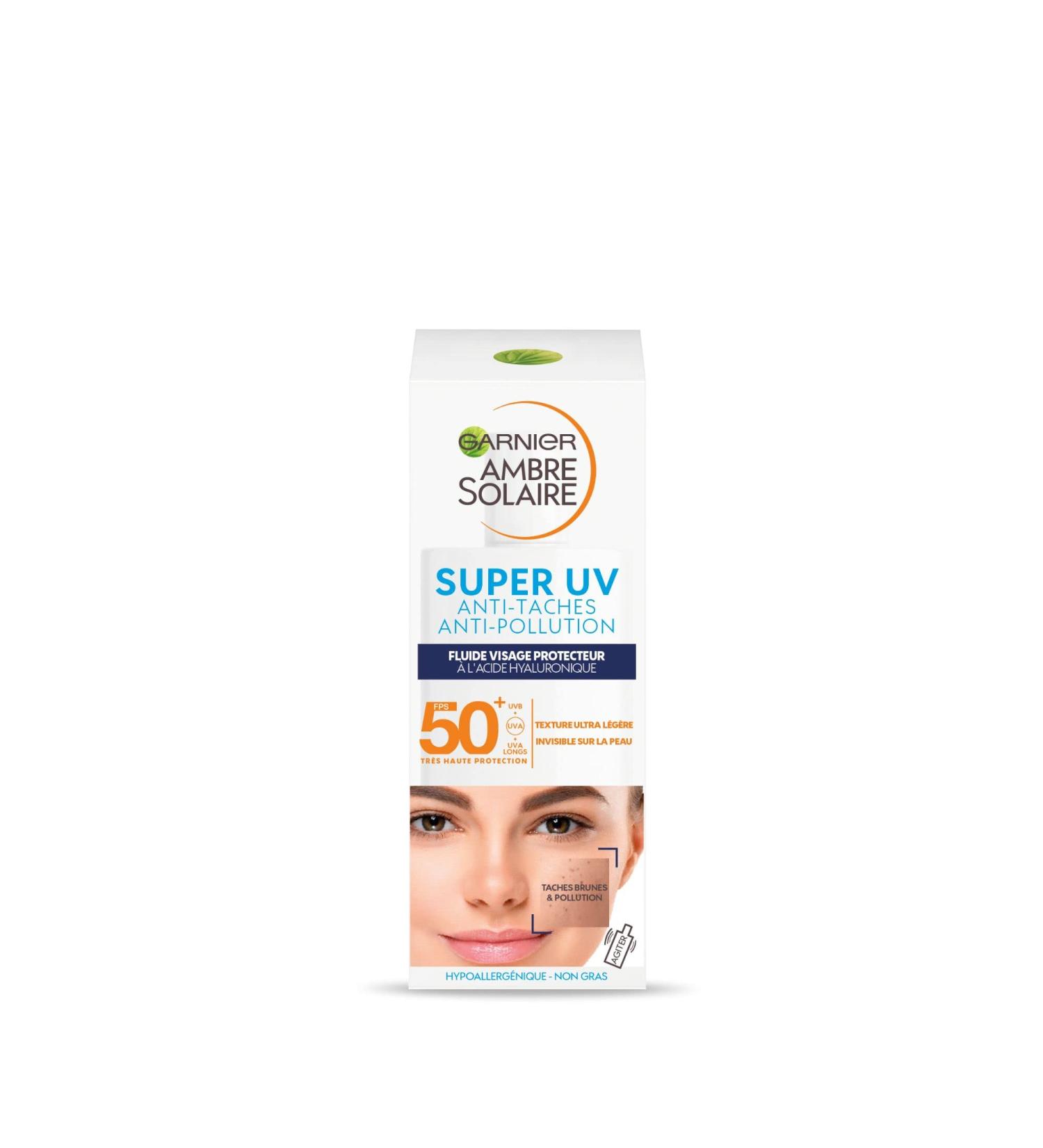 Garnier Ambre Solaire Super UV Face Fluid Skin Protector with Hyaluronic Acid SPF 50+ Anti-Stain Anti-Pollution - Buy Online on GoSupps.com