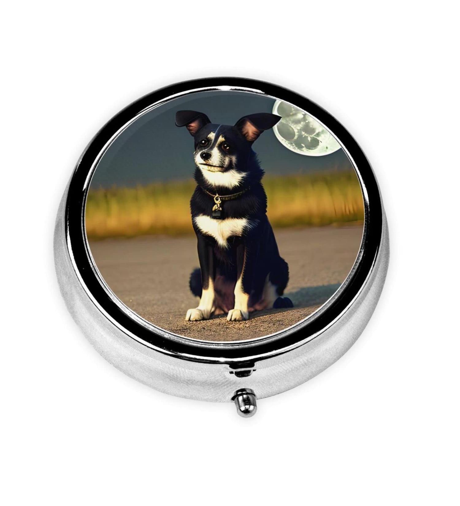 Dog Under Moon Round Pill Box - Portable 3 Compartment Organizer for Travel | Perfect for Purse & Pocket - Buy Online on GoSupps.com