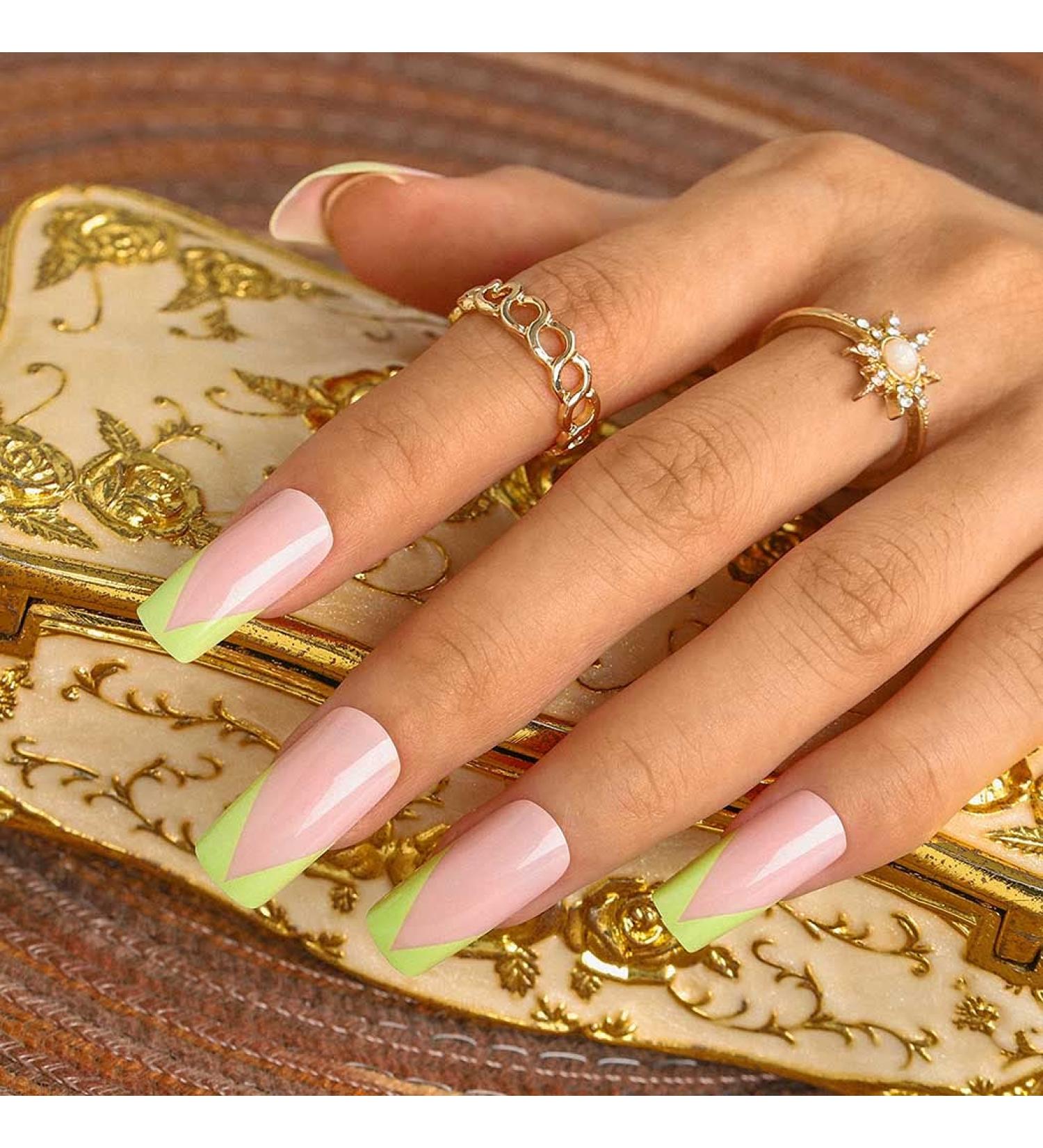 Sethexy French Square False Fingernails - 24 Glossy Green Acrylic Nail Tips for Women & Girls | Press-On Nails with Glue - Buy Online on GoSupps.com
