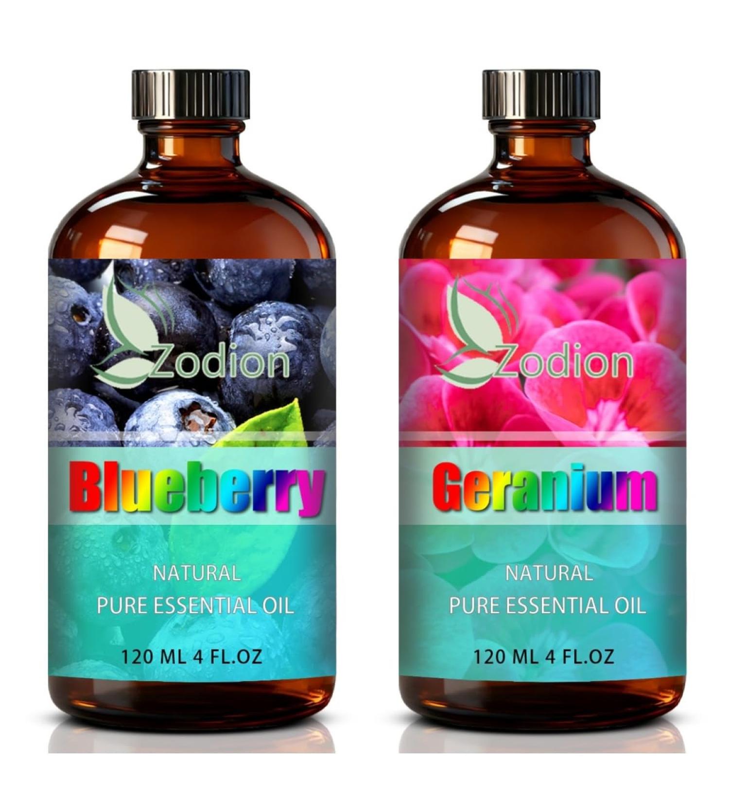 Geranium Essential Oil 4 Fl Oz and Blueberry Essential Oil 4 Fl Oz - ZODION Geranium & Blueberry Oil for Diffuser Aromatherapy Home Fragrance Skin & Hair Care DIY Candle & Soap Making Yoga - Buy Online on GoSupps.com