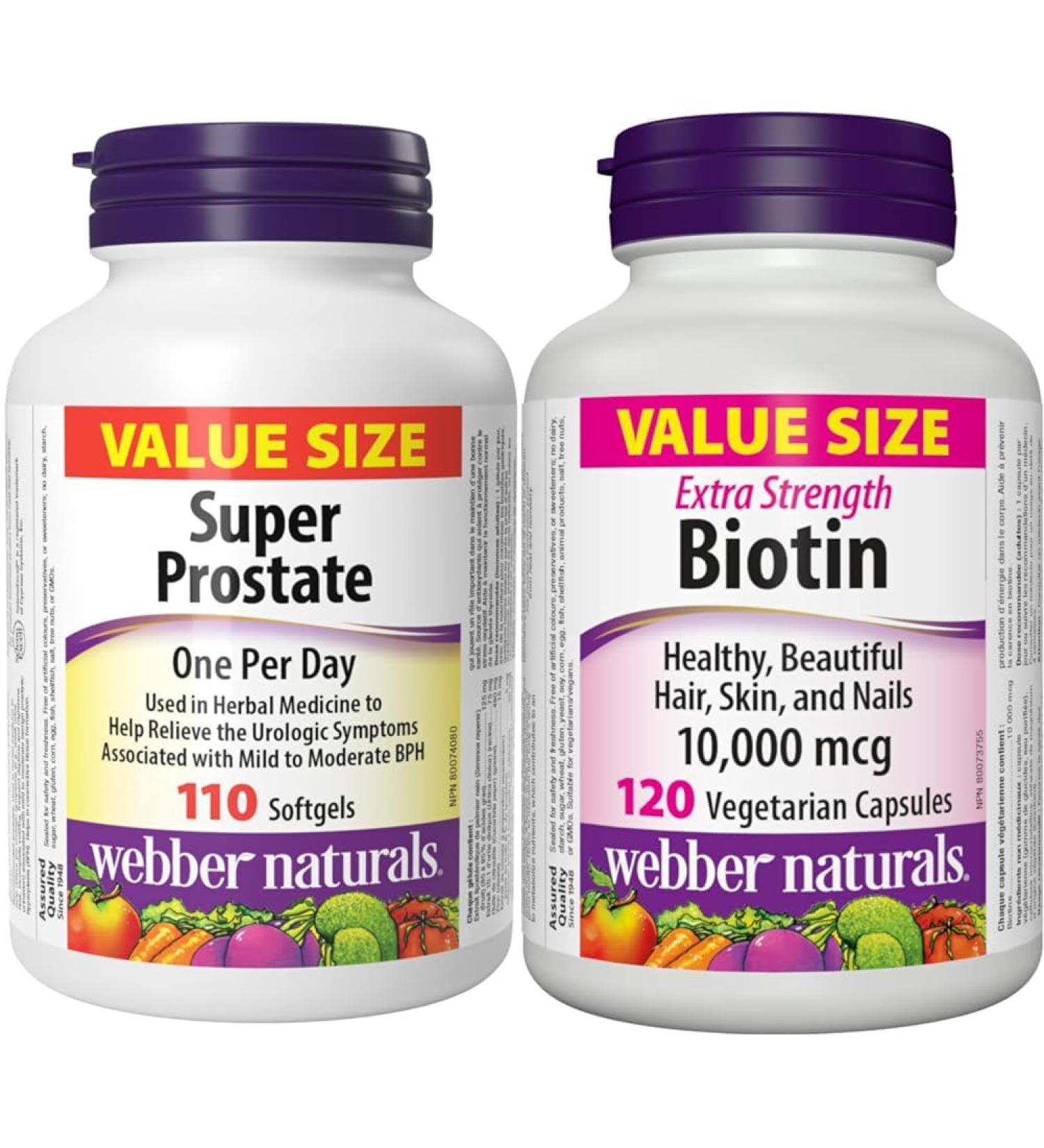 Webber Naturals Super Prostate 110 Softgels Helps Relieve Urological Symptoms & Biotin 10 000 mcg Extra Strength 120 Capsules Supports Healthy Hair Skin & Nails Energy Metabolism Vegan Super Prostate + VITAMIN 3908 - Buy Online on GoSupps.com