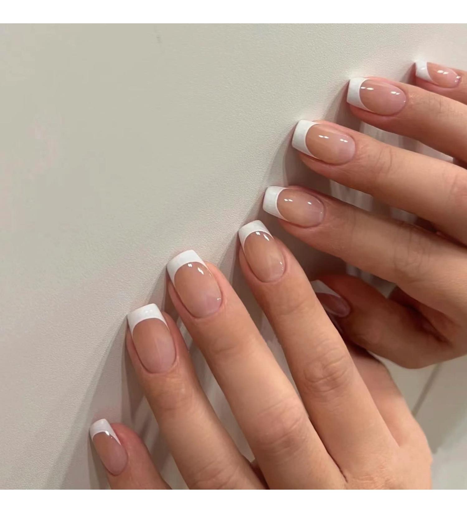 French Short False Nails 48Pcs - Nude White Press on Nails with Designs for Women & Girls - Buy Online on GoSupps.com
