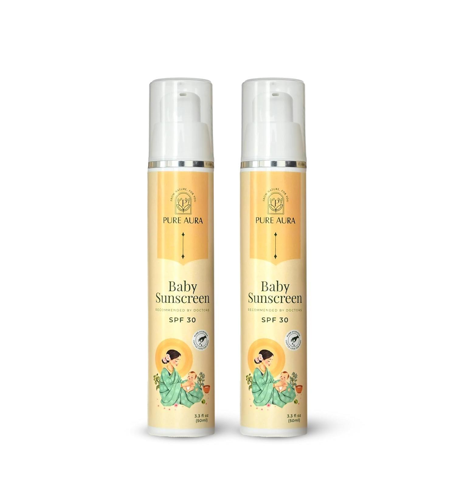 Pure Aura Baby Sunscreen (Pack of 2) 50g Each | SPF 30 Kids Sunscreen | 100% Mineral & Ayurvedic | Chemical-Free | Sensitive Skin Friendly | Outdoor Safe | Doctor Recommended - Buy Online on GoSupps.com
