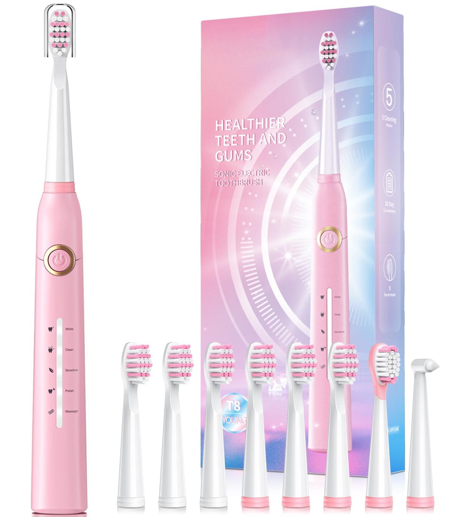Electric Toothbrush Sonic | 8 Brush Heads 40000 VPM | 5 Modes Fast Charge | Lasts 30 Days | Rechargeable | Adults (Pink) - Buy Online on GoSupps.com