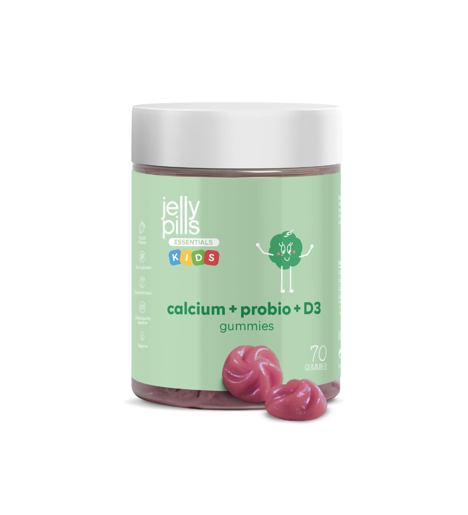 Jelly Pills Kids Calcium & Probiotic Gummies with Vit D3 and K2 Kids - 70 Vegan Strawberry Gummies for Bone Muscle & Teeth - 1 Billion CFU- No Added Sugar - 2 Months - Buy Online on GoSupps.com