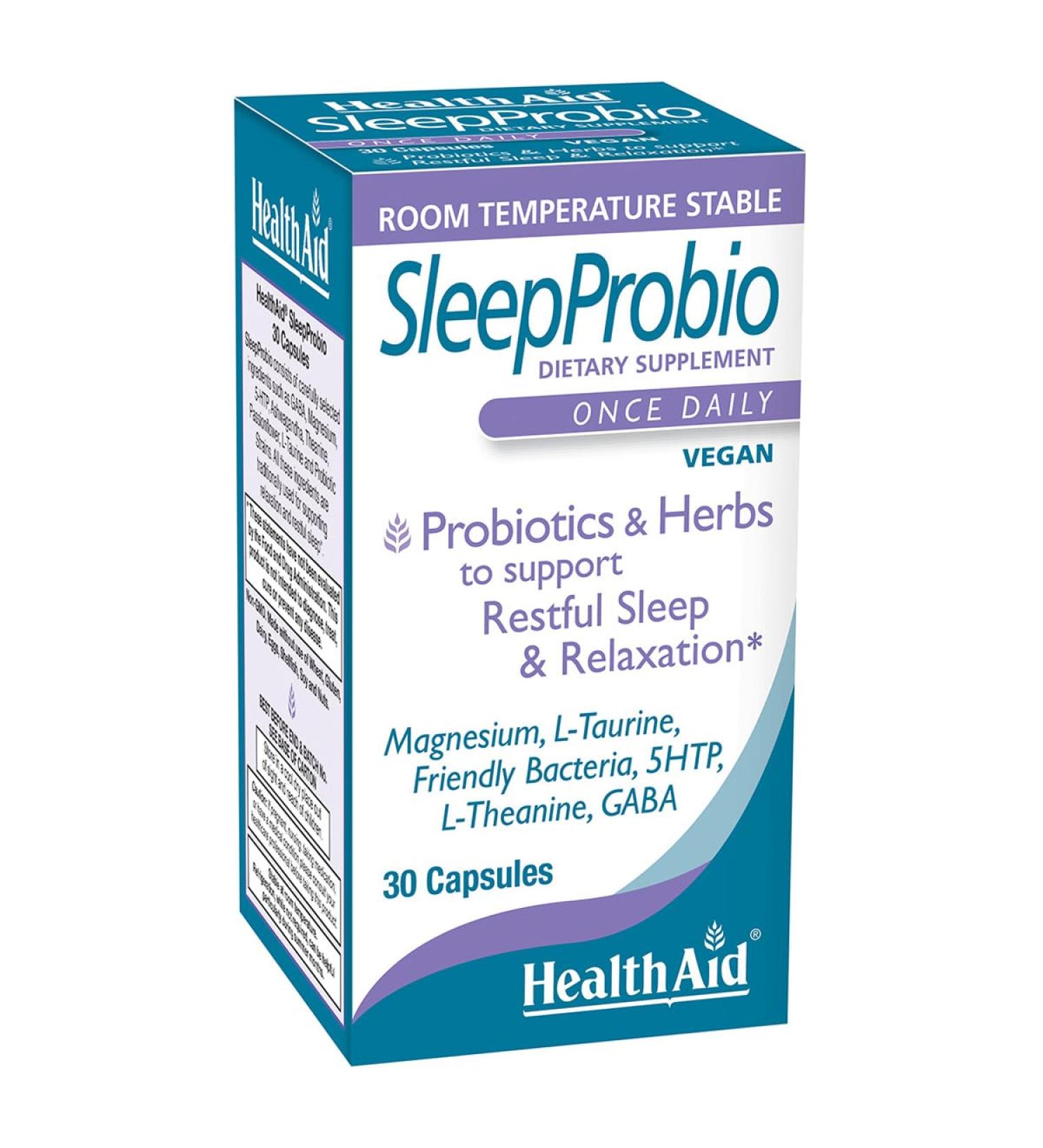 HealthAid SleepProbio Vegan Sleep Support Supplement 30 Capsules Once Daily Probiotics and Herbs to Support Restful Sleep & Relaxation - Buy Online on GoSupps.com