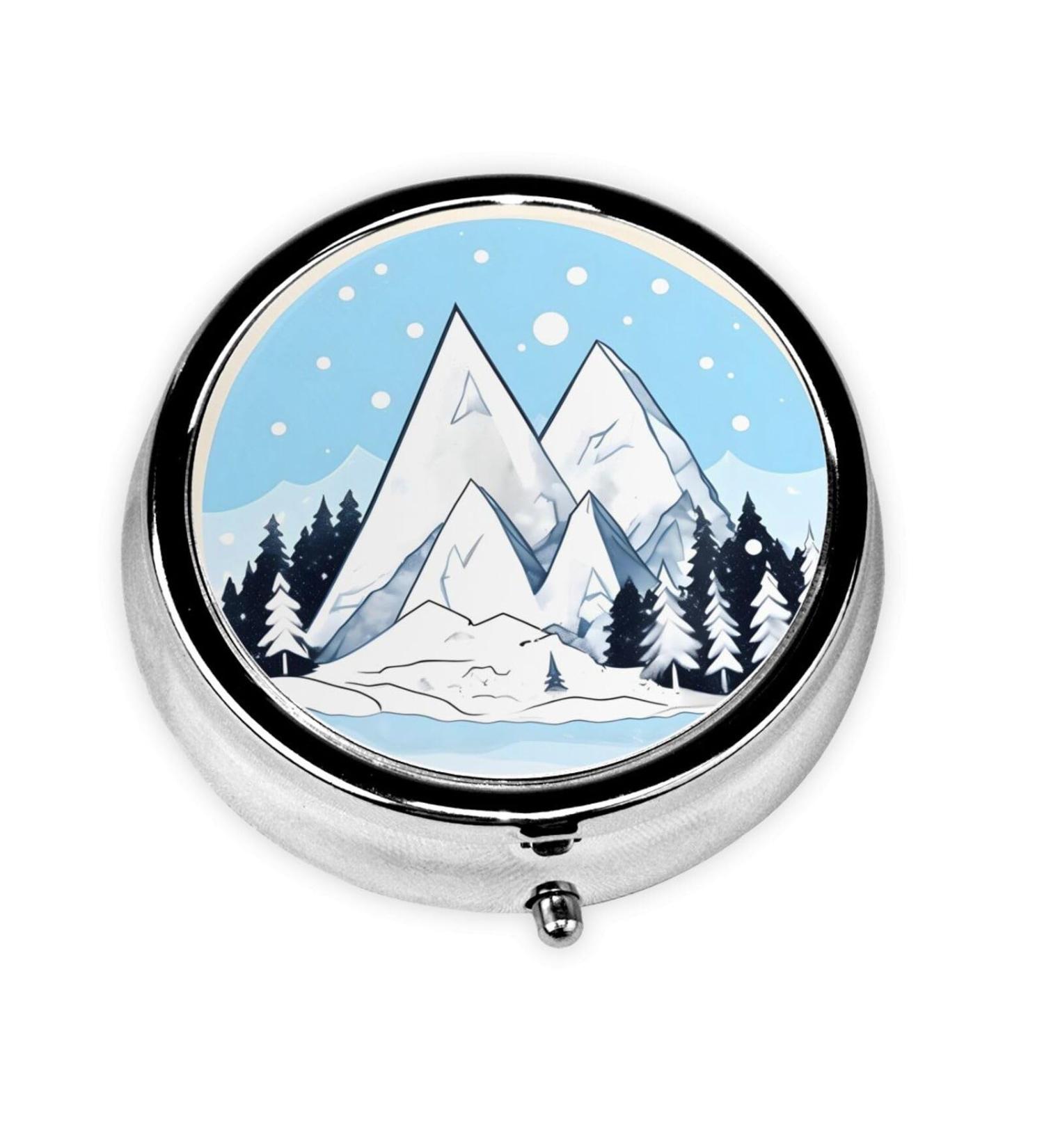 Snow-Capped Mountains Round Pill Box Organizer - 3 Compartment Portable Travel Pill Case for International Shipping - Buy Online on GoSupps.com