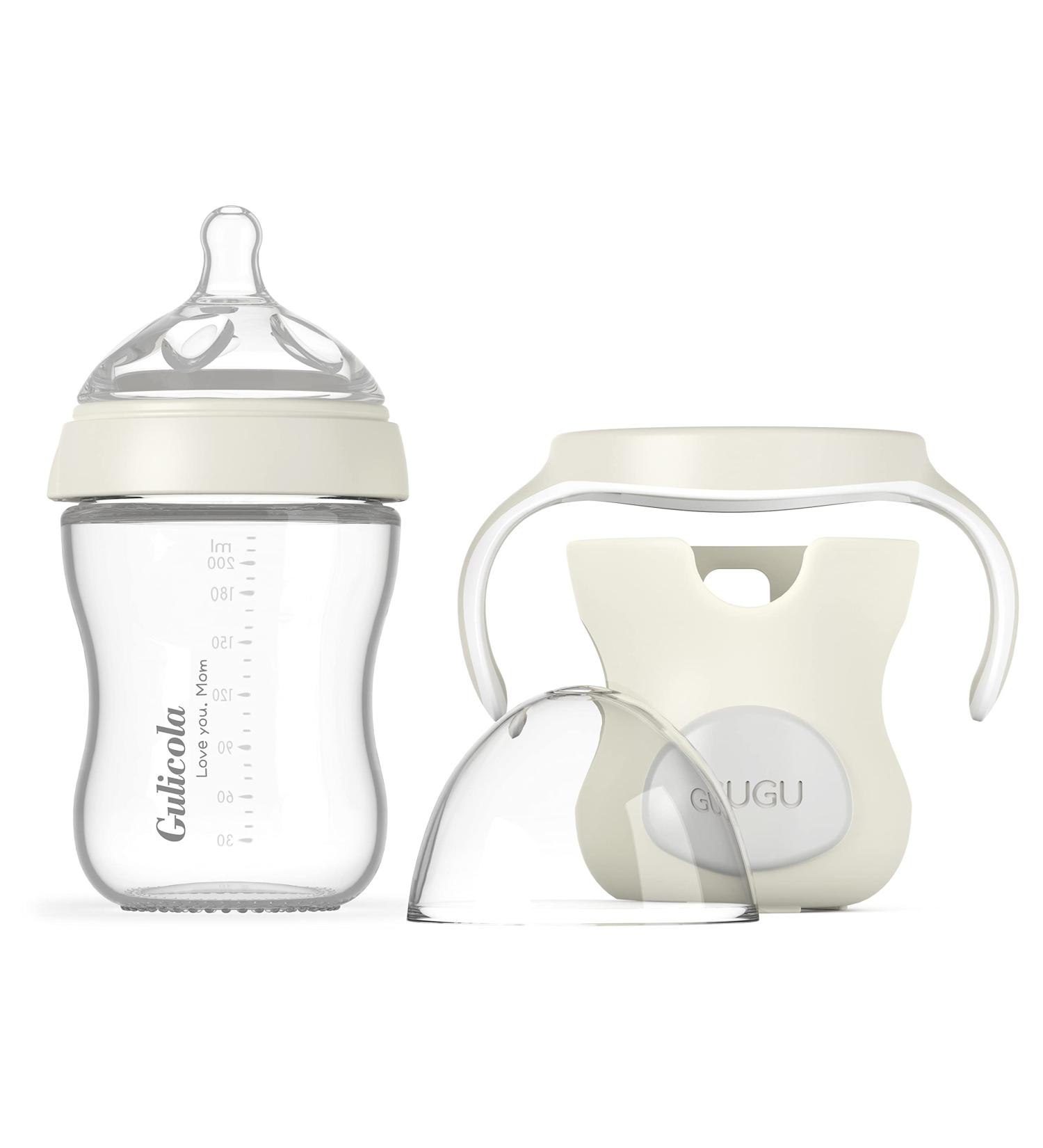Gulicola Natural Glass Baby Bottle with Protective Silicone Sleeve  Varibale Flow Nipple  Wide Neck  7 oz  White - Buy Online on GoSupps.com