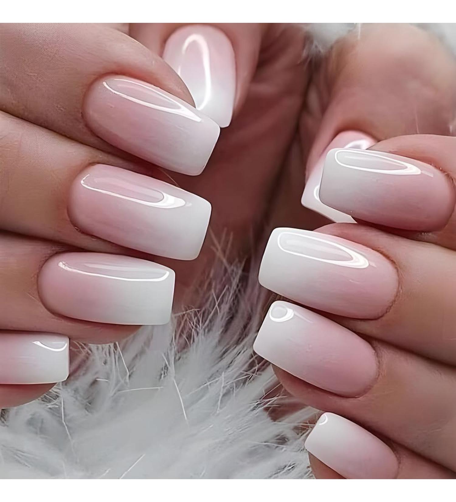 Buy Mouyouglow Short Square Pink Gradient White Press On Nails - Ombr Artificial Fingernails with Nail Glue | International Shipping - Buy Online on GoSupps.com
