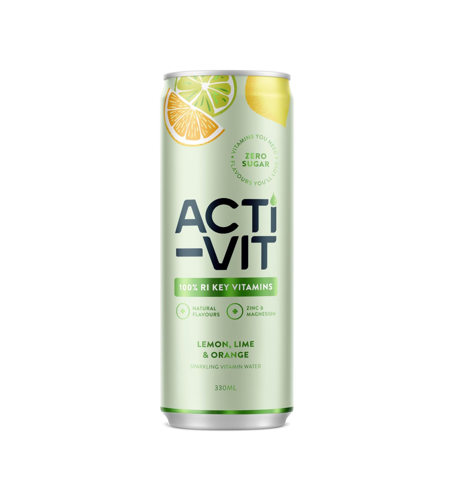 Acti-Vit Sparkling Flavoured Vitamin Water Cans - B Vitamins B5 B6 B9 B12, Vitamin C, D, Zinc, Magnesium, 0 Sugar - 12x 330ml Lemon Lime & Orange - Buy Online on GoSupps.com