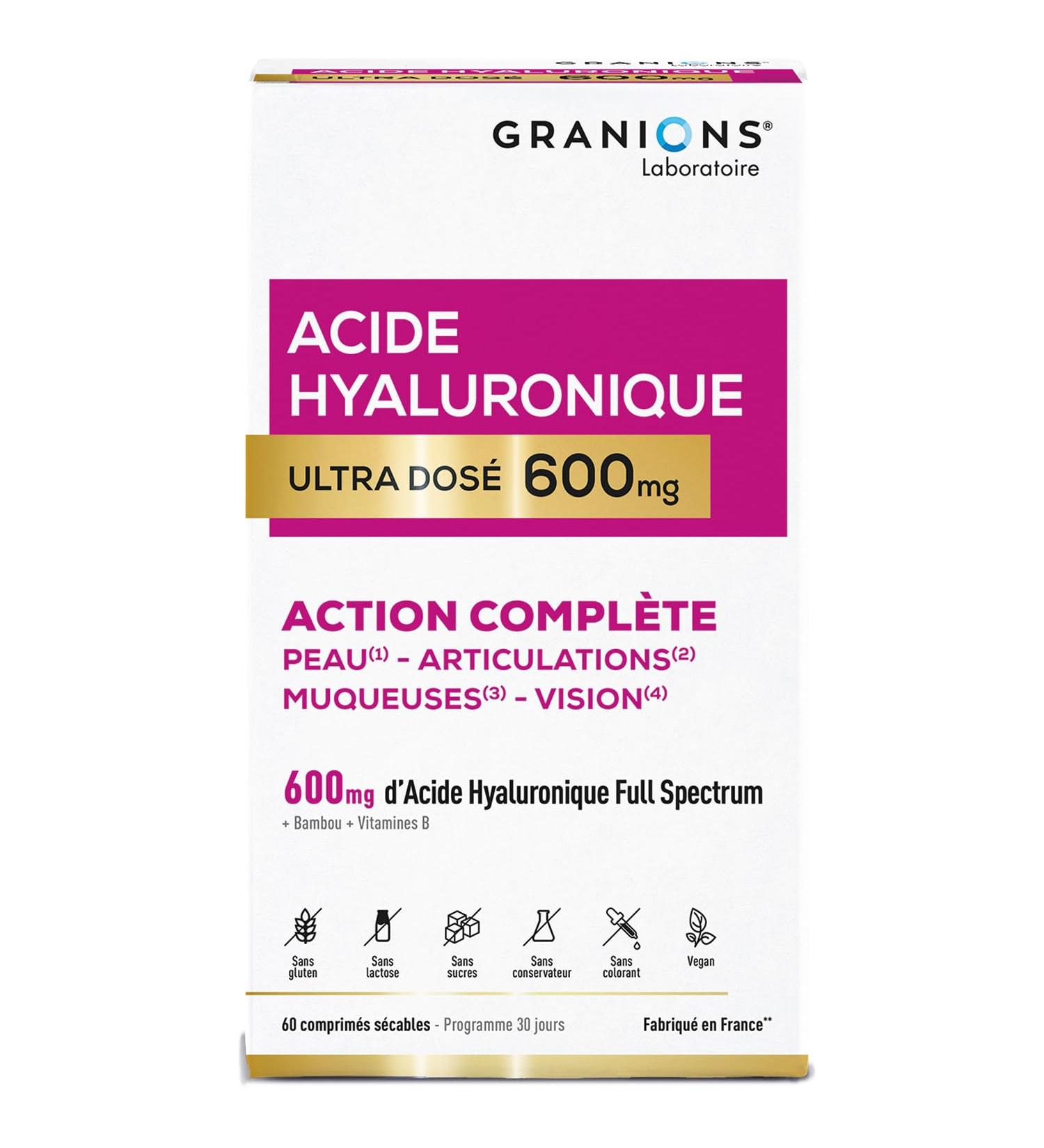 Acide Hyaluronique Ultra dos 600 mg GRANIONS - Biotine - Hydratation intense peau - Niacinamide - Complexe Vitamine B - Anti-ride - Stimule production collagene - Vegan - Fabriqu en France 60 unit (Lot de 1) - Buy Online on GoSupps.com