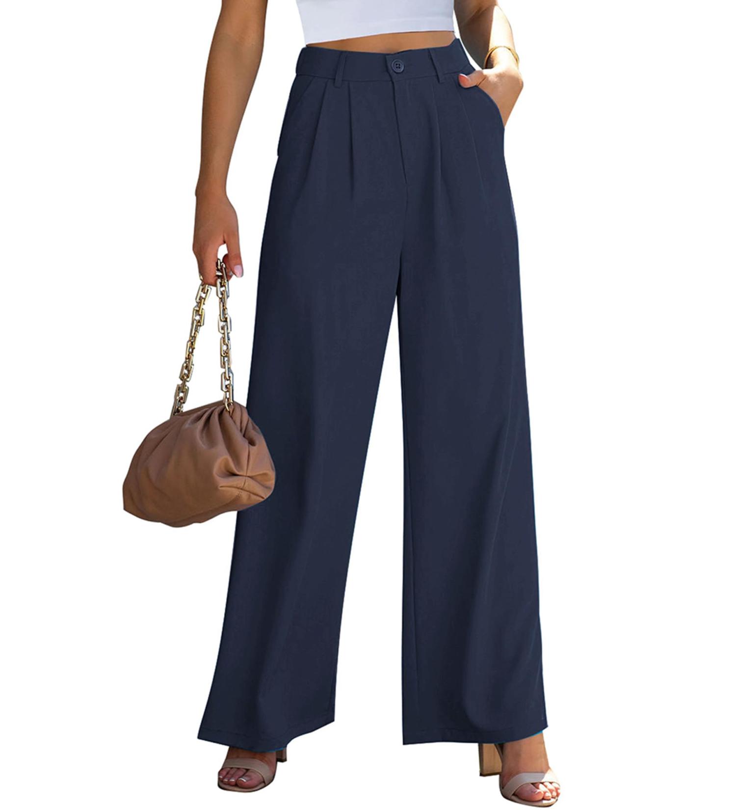 Vetinee High Waisted Wide Leg Dress Pants for Women - Navy Blue | Business Office Trousers with Pockets - Buy Online on GoSupps.com
