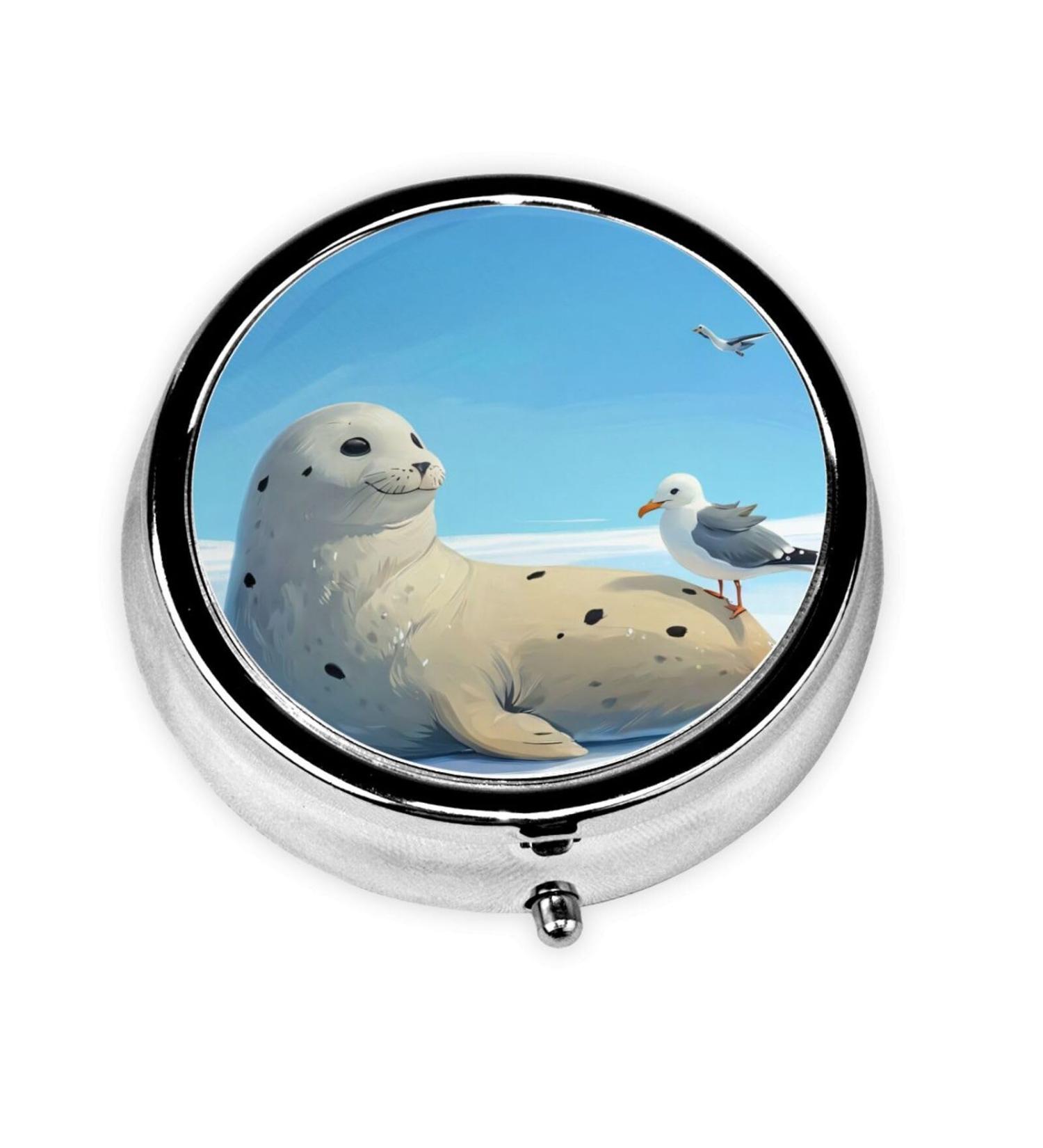 Seal Looking at Seagulls Portable Metal Pill Box - Round Mini 3-Compartment with Hinged Fastening Perfect for Travel & Small Pills - Black - Buy Online on GoSupps.com