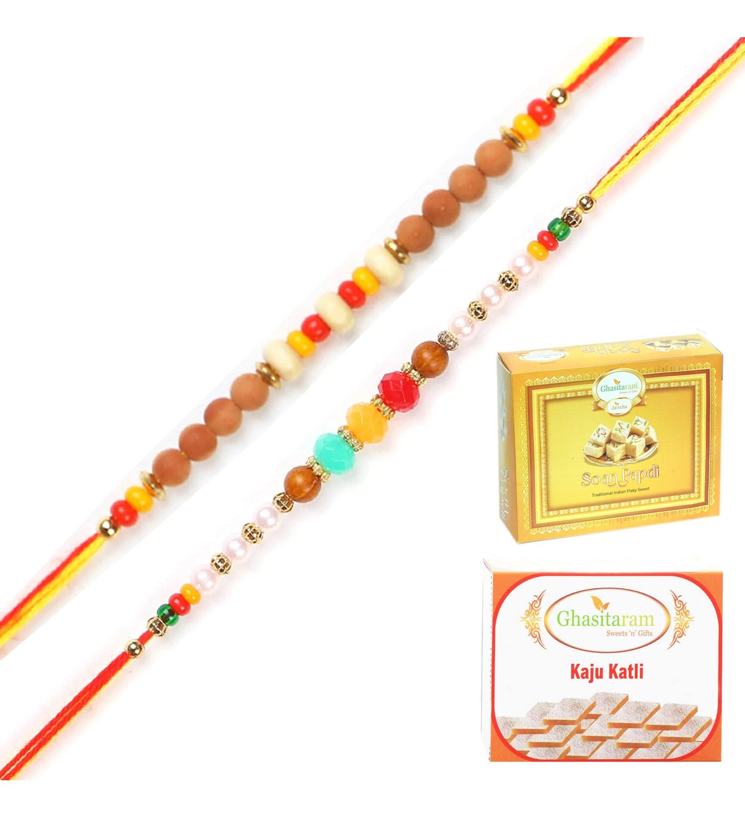 Ghasitaram Gifts Rakhi for Brother Rakhis Online - Set of 2 6045 6082 Rakhi Threads with 200 GMS of Kaju katli and 200 GMS of Soan Papdi - Buy Online on GoSupps.com