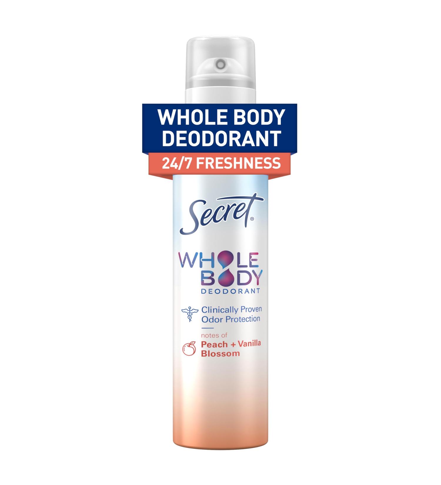 Secret Whole Body Deodorant Spray for Women Peach & Vanilla Scent Aluminum Free Deodorant Spray 72 HR Odor Protection 3.5 oz Peach & Vanilla Blossom - Buy Online on GoSupps.com