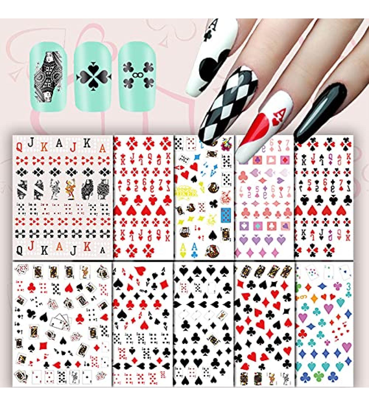 Poker Nail Art Stickers - Self-Adhesive Playing Card Decals for DIY Manicure - Geometric Numbers/Letter Style Design - 10 Sheets - Buy Online on GoSupps.com