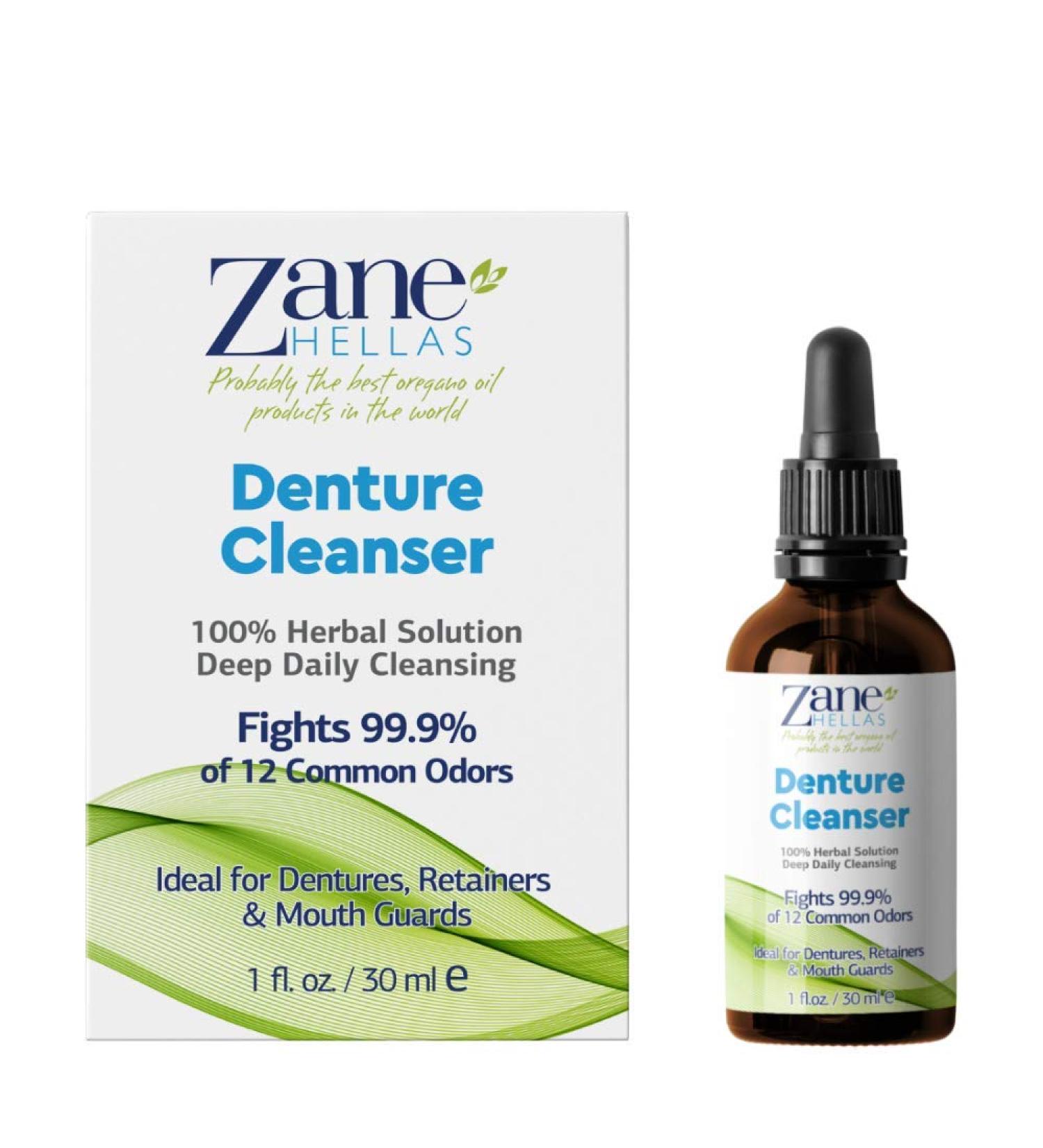 Zane Hellas Denture Cleaner with Oregano Oil Power - Remove Plaque, Tartar, Stains, and Bad Odor - 100% Herbal Solution for Dentures, Retainers, Braces, Mouth Guards - 1 fl.oz - Buy Online on GoSupps.com