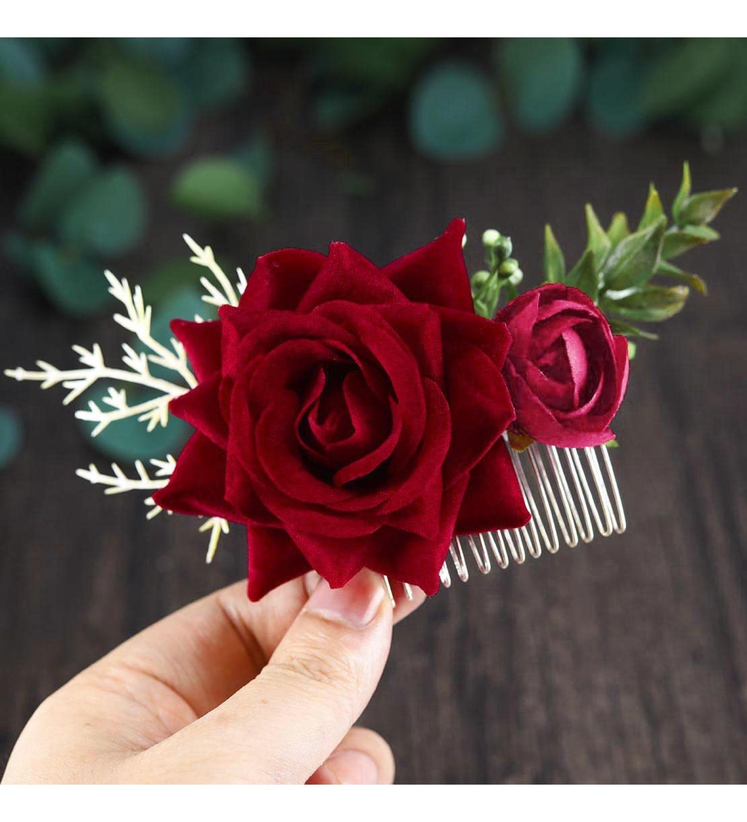 Fangsen Deep Red Wedding Rose Flower Hair Comb - Bridal Headpiece for Brides & Bridesmaids - Buy Online on GoSupps.com