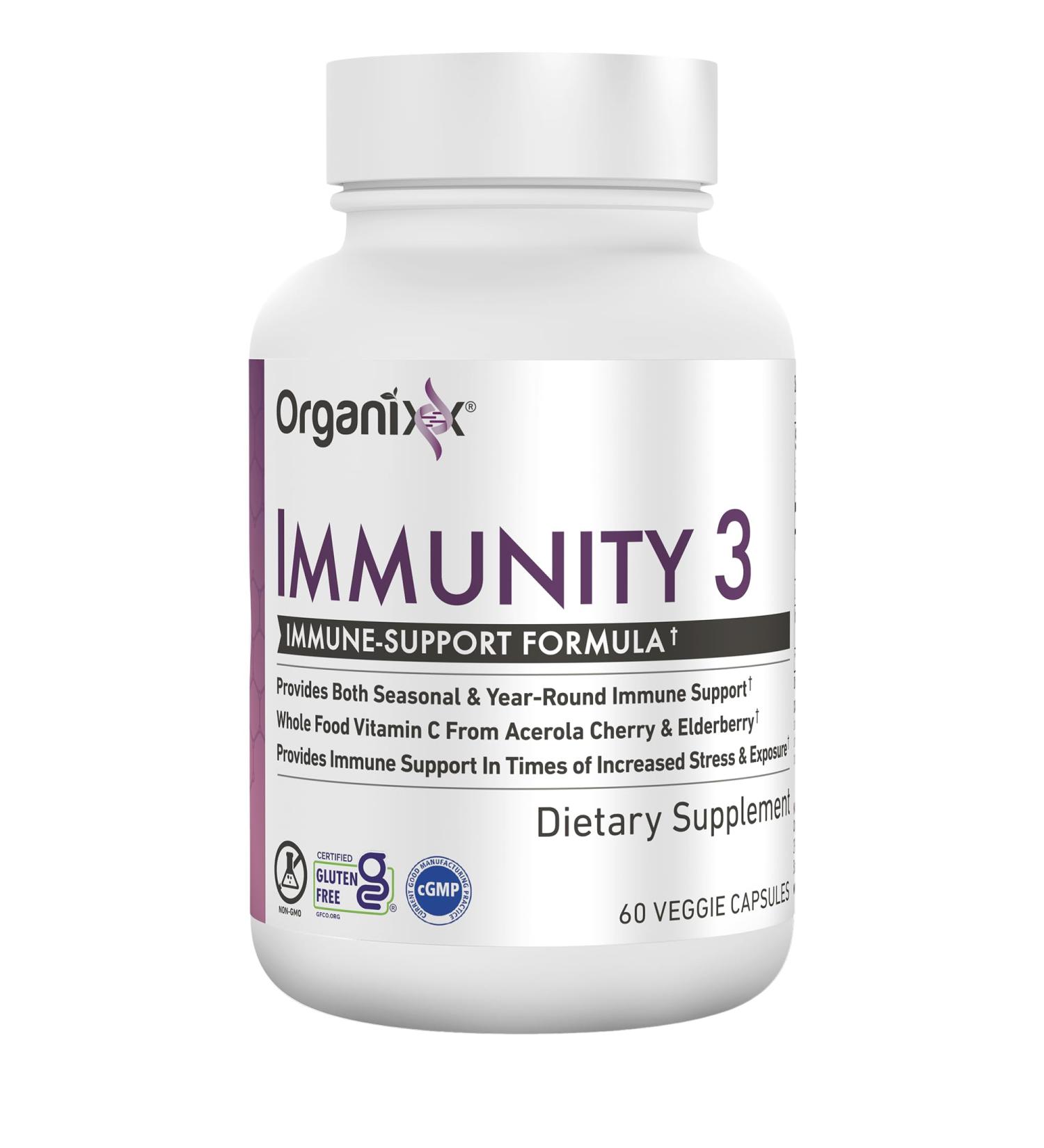 Organixx Immunity 3 Immune Support Supplement Vitamin C, Zinc, Elderberry Whole Food Immune Defense for Adults & Kids, Greater Absorption, Non GMO, 60 Capsules - Buy Online on GoSupps.com