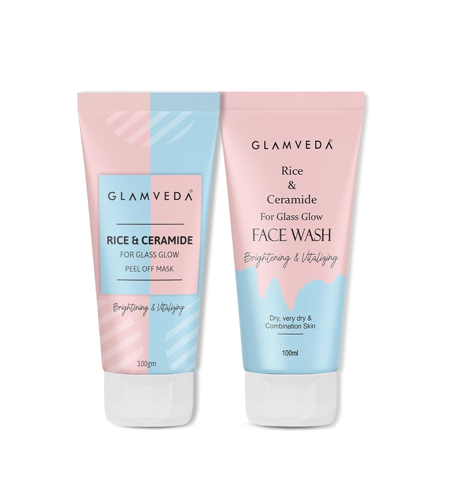 Glam.veda Rice & Ceramide Combo | Skin Brightening & Anti Dullness | Improves skin barrier | Suitable For Dry to Combination Skin types | Face Wash & Peel Off Mask Combo - Buy Online on GoSupps.com