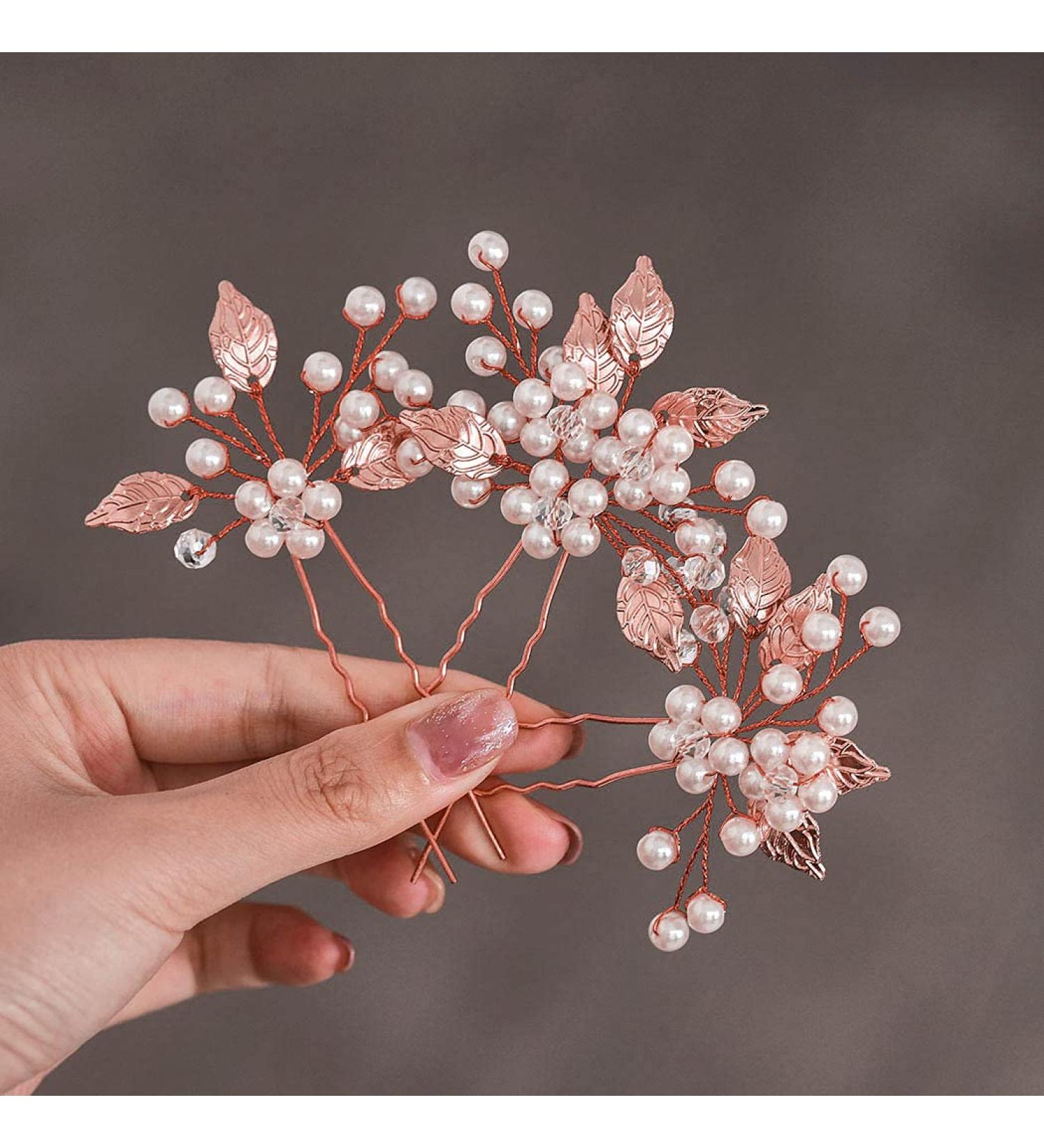 Heread Pearl Bride Wedding Hair Pins - Pack of 3 Leaf Bridal Head Piece Flower Hair Accessories - Rose Gold for Women and Girls - Buy Online on GoSupps.com