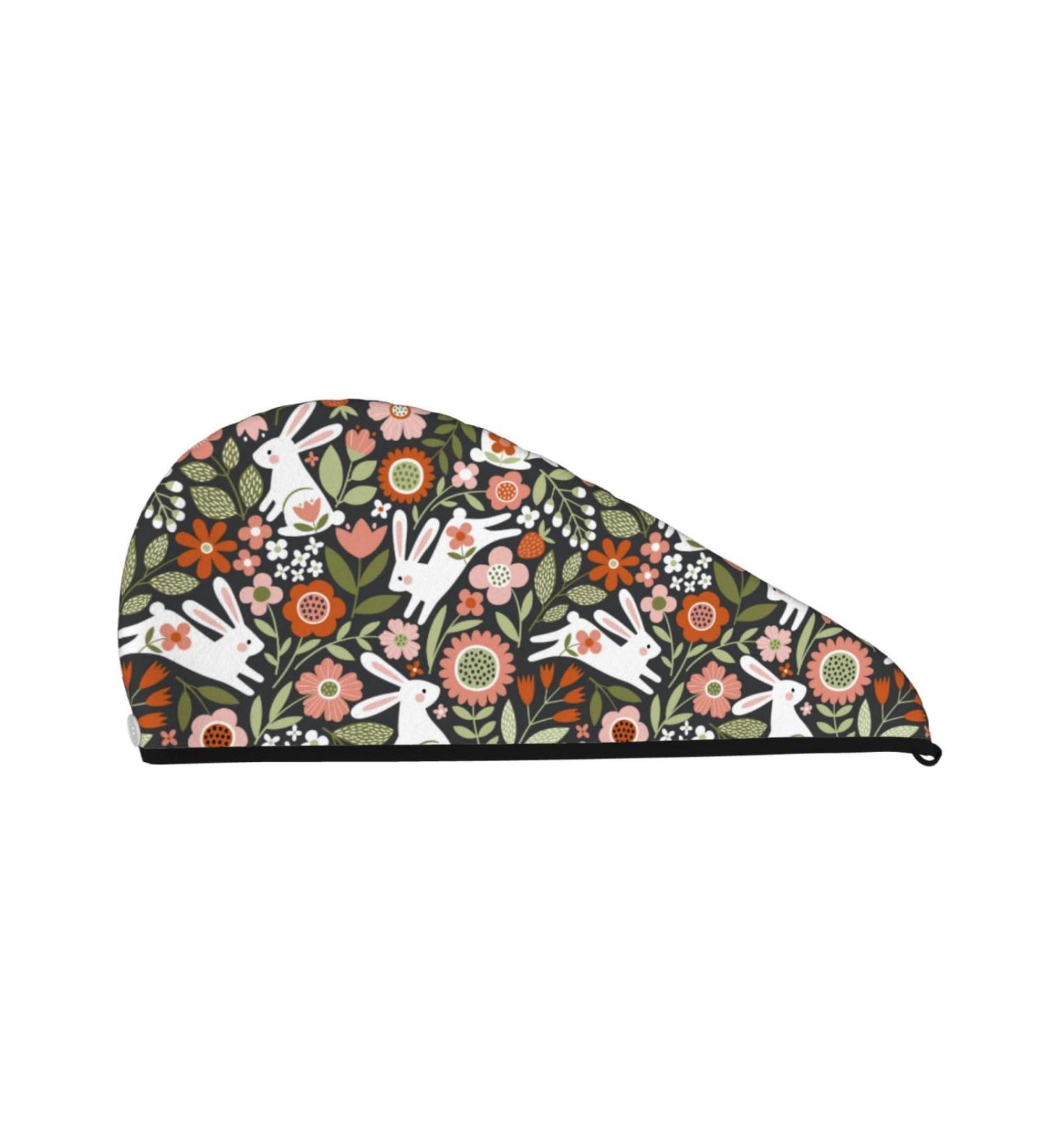 Hair Towel Wrap - Quick Drying Towel Turban with Button - Rabbits on Floral Design - Buy Online on GoSupps.com