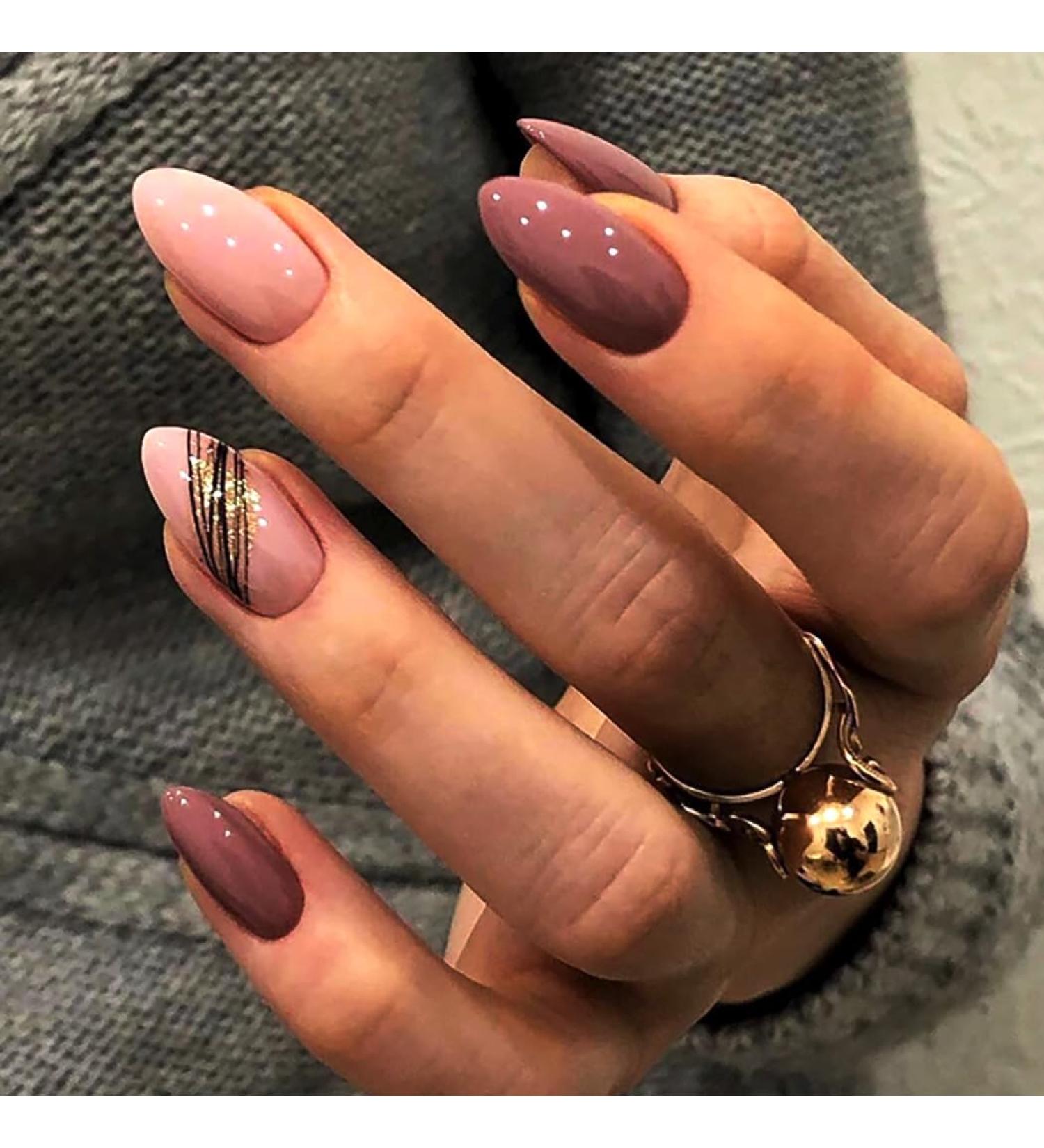 Buy Brishow Almond Press-On Nails - Short Pink Artificial Nails with Gold Glitter | 24 Piece Ballerina Acrylic Set for Women & Girls - International Shipping Available - Buy Online on GoSupps.com