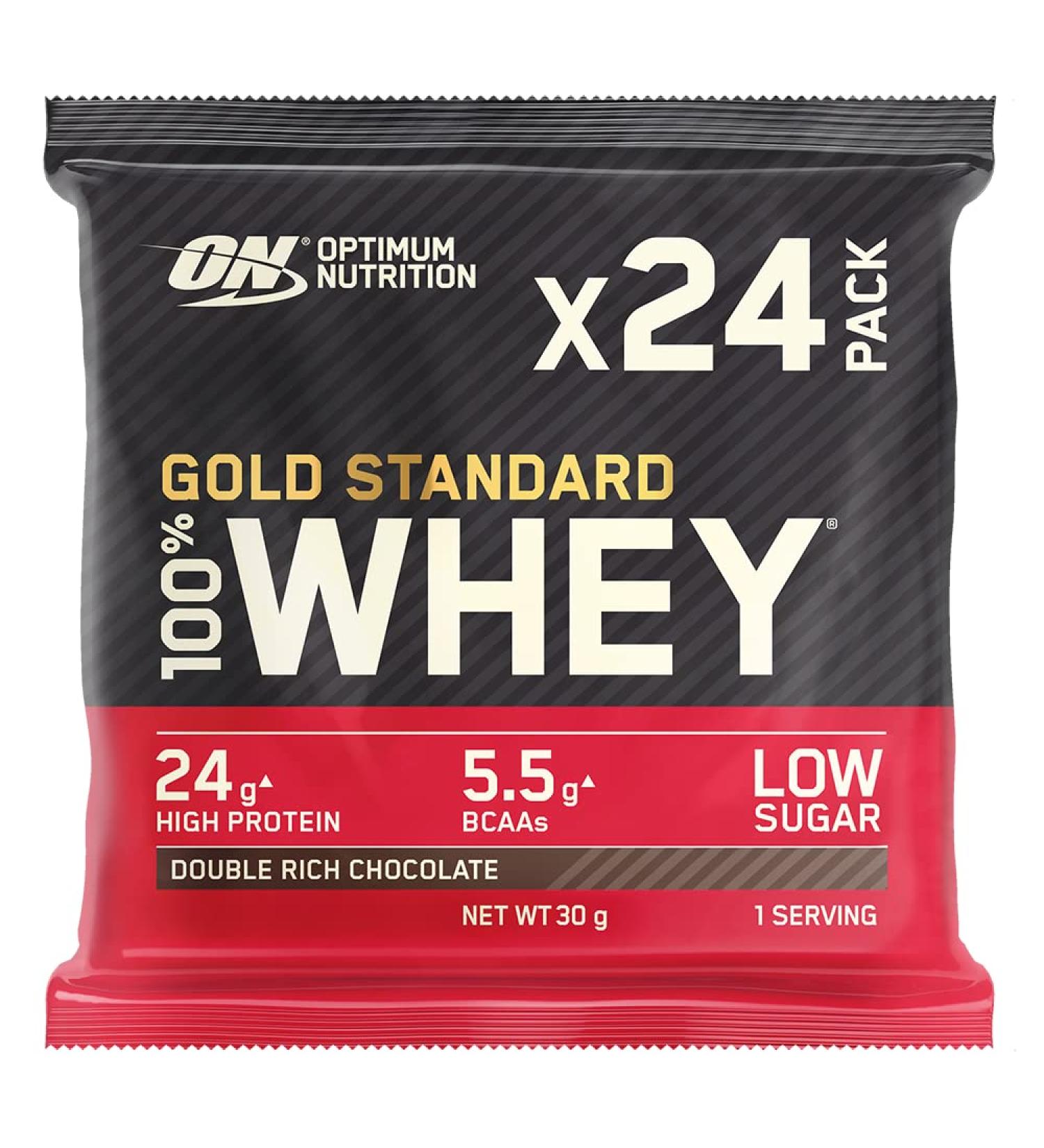Buy Optimum Nutrition Gold Standard 100% Whey Protein Powder - Double Rich Chocolate 24 x 31g Sachets for Muscle Building & Recovery - International Shipping Available - Buy Online on GoSupps.com