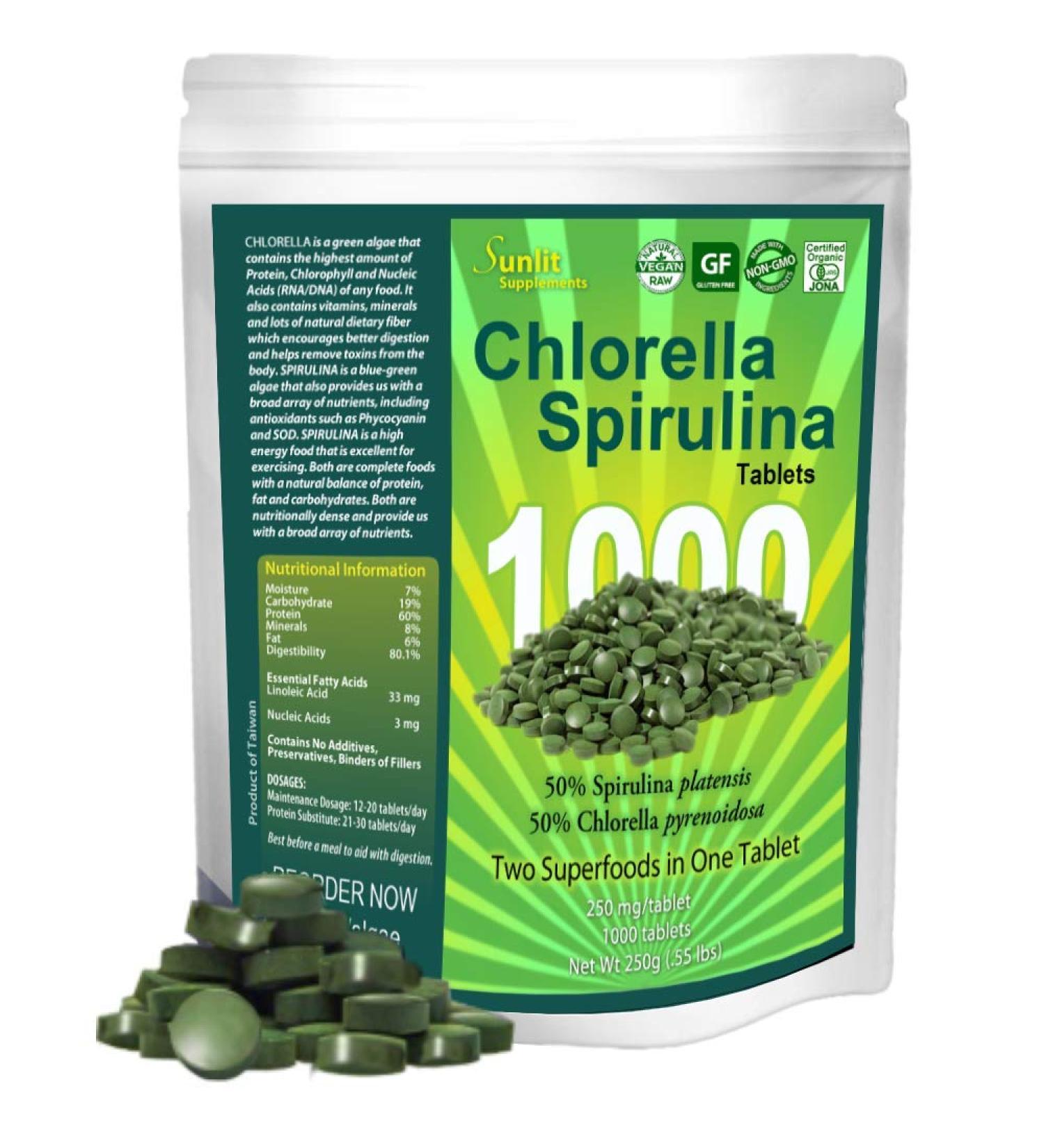 Sunlit Organic Chlorella Spirulina Tablets 50/50 Burst & Cracked Cell Wall Algae - 1000 Superfood Tabs - High Protein Vegan Supplement - Buy Online on GoSupps.com