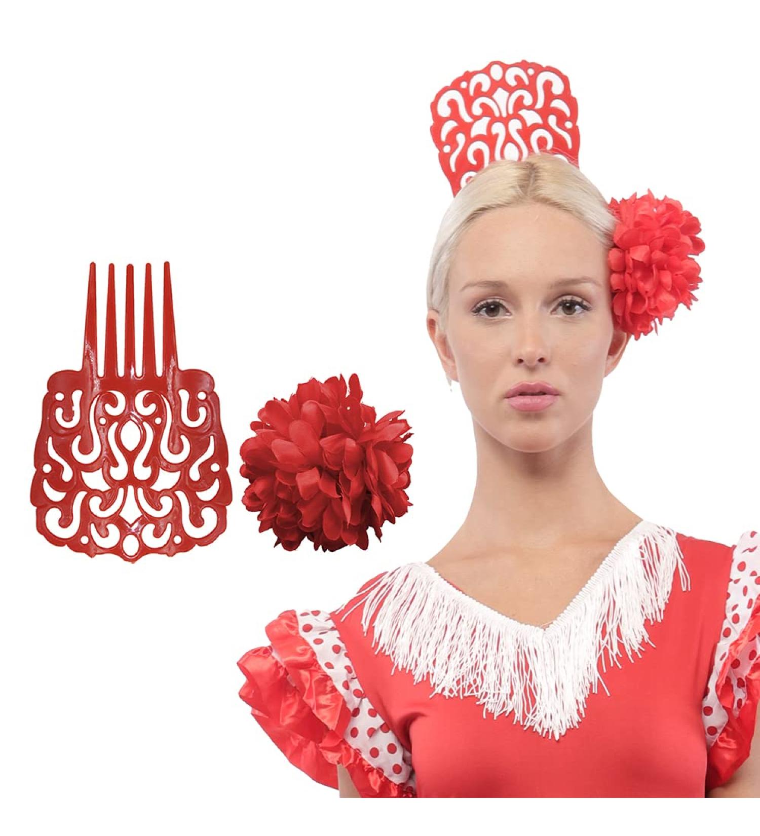 Large Flamenca Comb & Flower Hair Clips 2 Pack | Red Sevilla Party Accessories - 18x13 cm - Buy Online on GoSupps.com