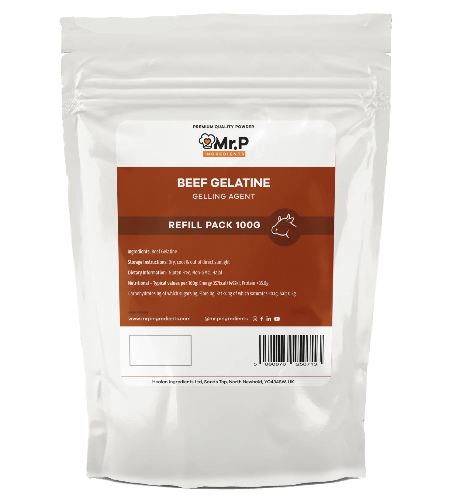 Mr.P Beef Gelatine 100g 250 Bloom Powder - Unflavoured Halal Gluten Free - Gelling Agent for Cooking & Baking - Non-GMO - Resealable Pouch - Buy Online on GoSupps.com