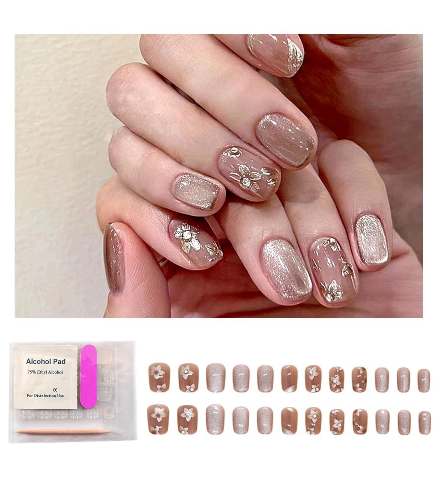 FineInno Press On Nails Kit Medium Long Butterfly Rhinestone Fake Nails Coffin Shape Reusable Nails Includes 24 Fake Nails Mini File Manicure Stick and 24 Nail Glue Stickers (Flower) - Buy Online on GoSupps.com
