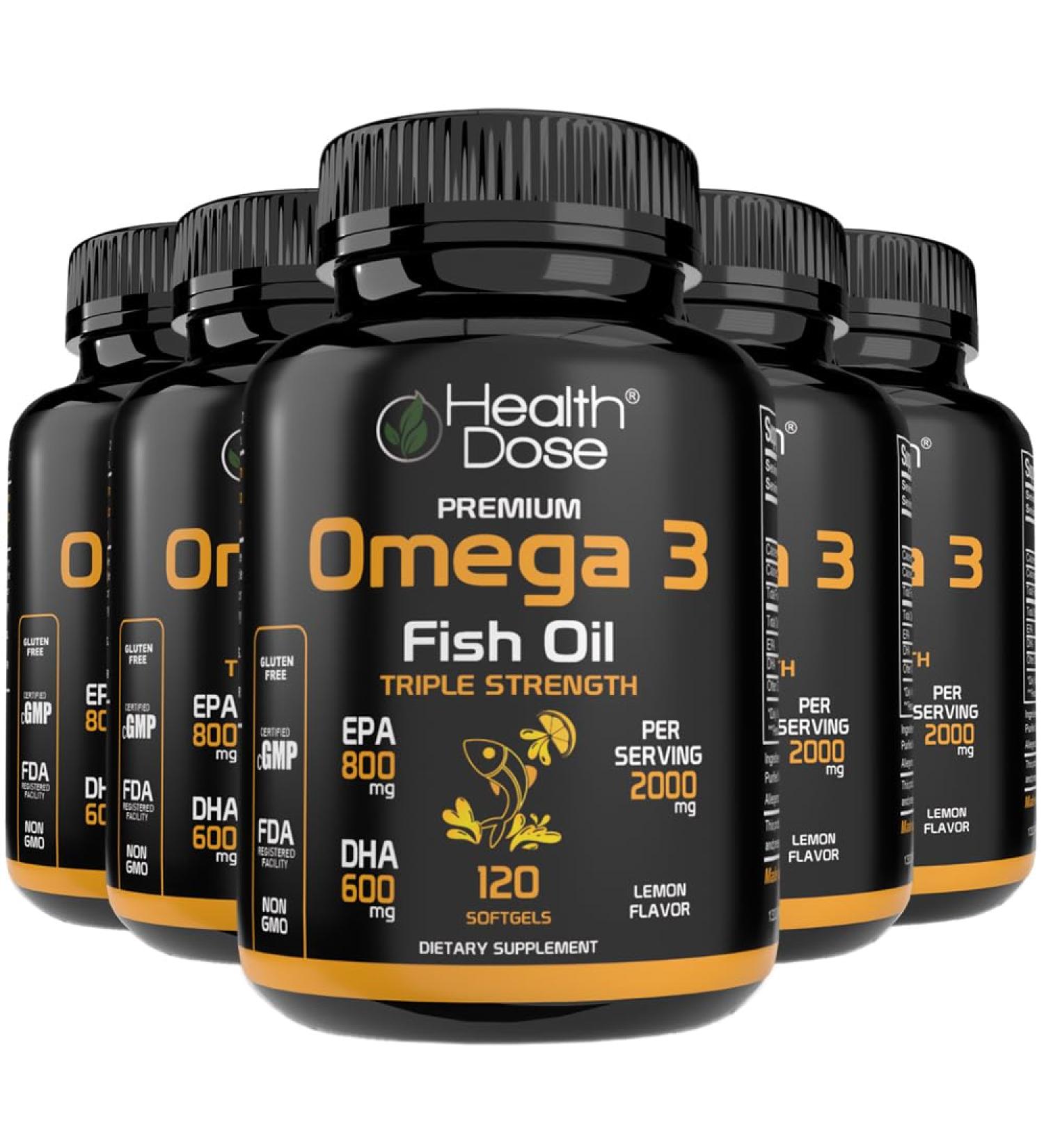 Health Dose Omega 3 Fish Oil Lemon-Flavored Softgels with EPA & DHA for Brain Heart and Wellness Support Easy-to-Digest No Fish Burps 120 Softgels Pack of 5 - Buy Online on GoSupps.com