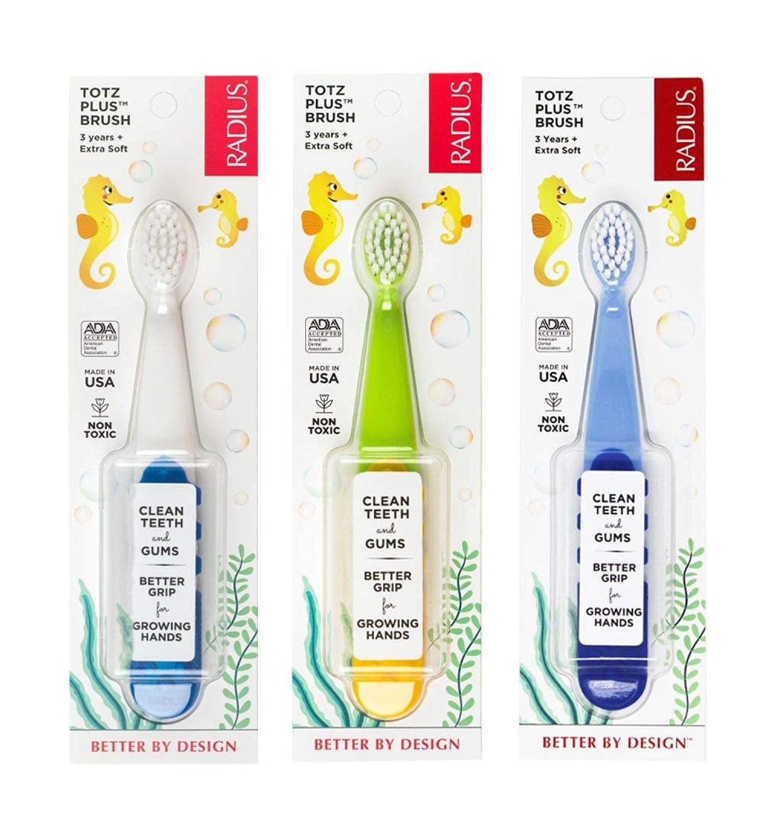 RADIUS Totz Plus Kids Toothbrush - BPA Free, ADA Accepted, Silky Soft for Delicate Teeth & Gums - Pack of 3 Assorted Colors - Buy Online on GoSupps.com