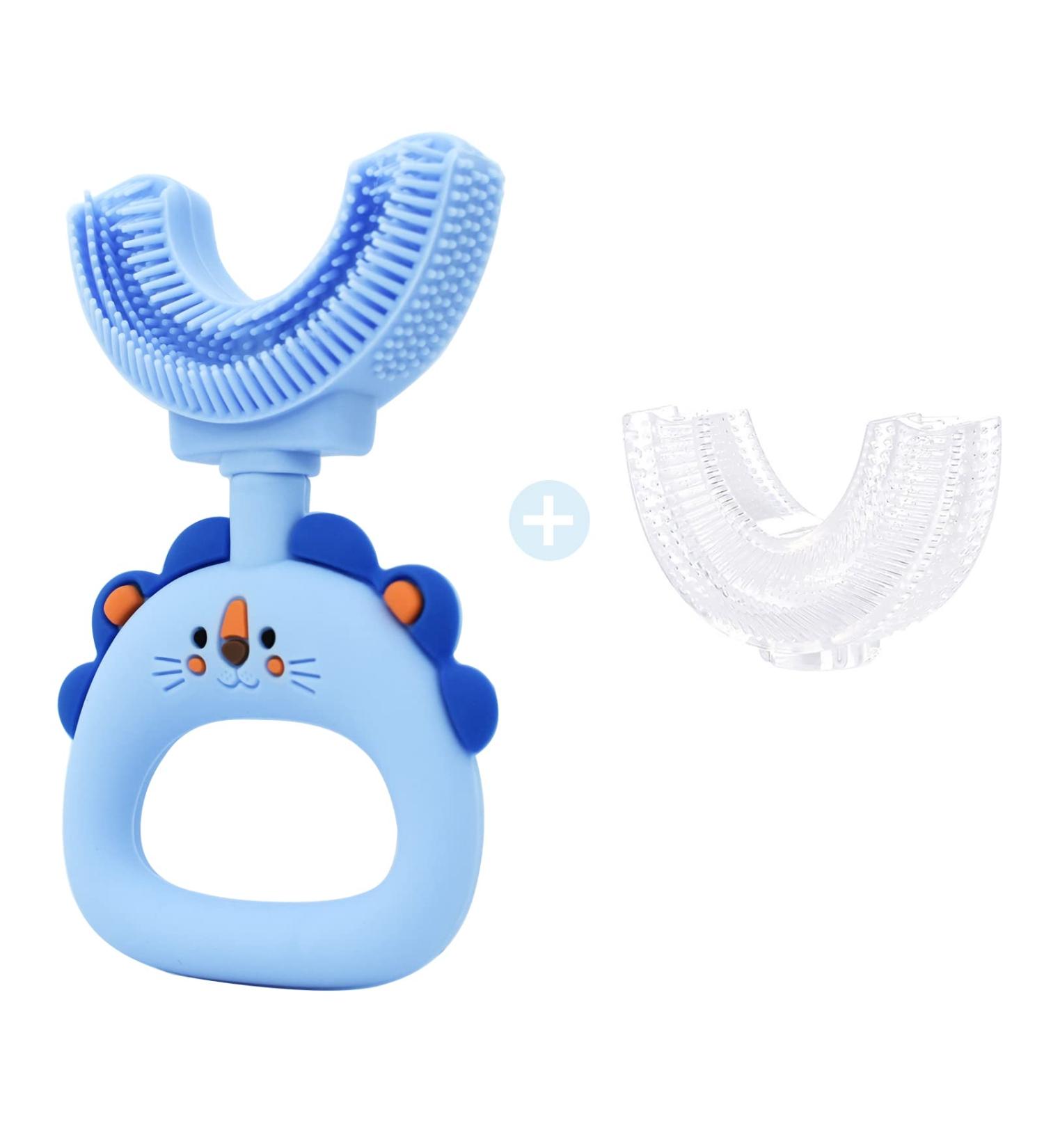 Kids U-Shaped Toothbrush | Soft Silicone Brush | 3 Sided Teeth Cleaning | Removable Manual Toothbrush for Child/Sensitive Teeth | Little Lion Blue (Age 2-7) - Buy Online on GoSupps.com