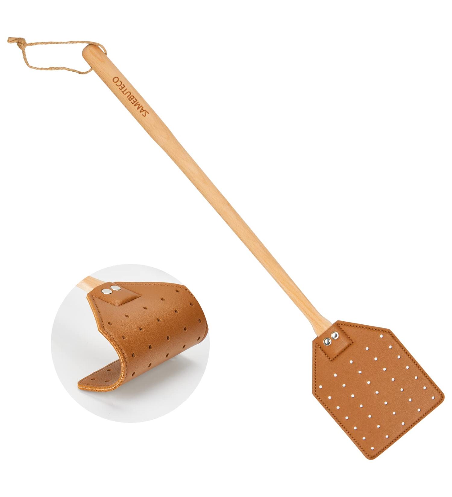 SAMEBUTECO Heavy Duty Leather Fly Swatter - Brown Leather/Beech Wood Handle - 19.7 - Indoor/Outdoor Use - Buy Online on GoSupps.com