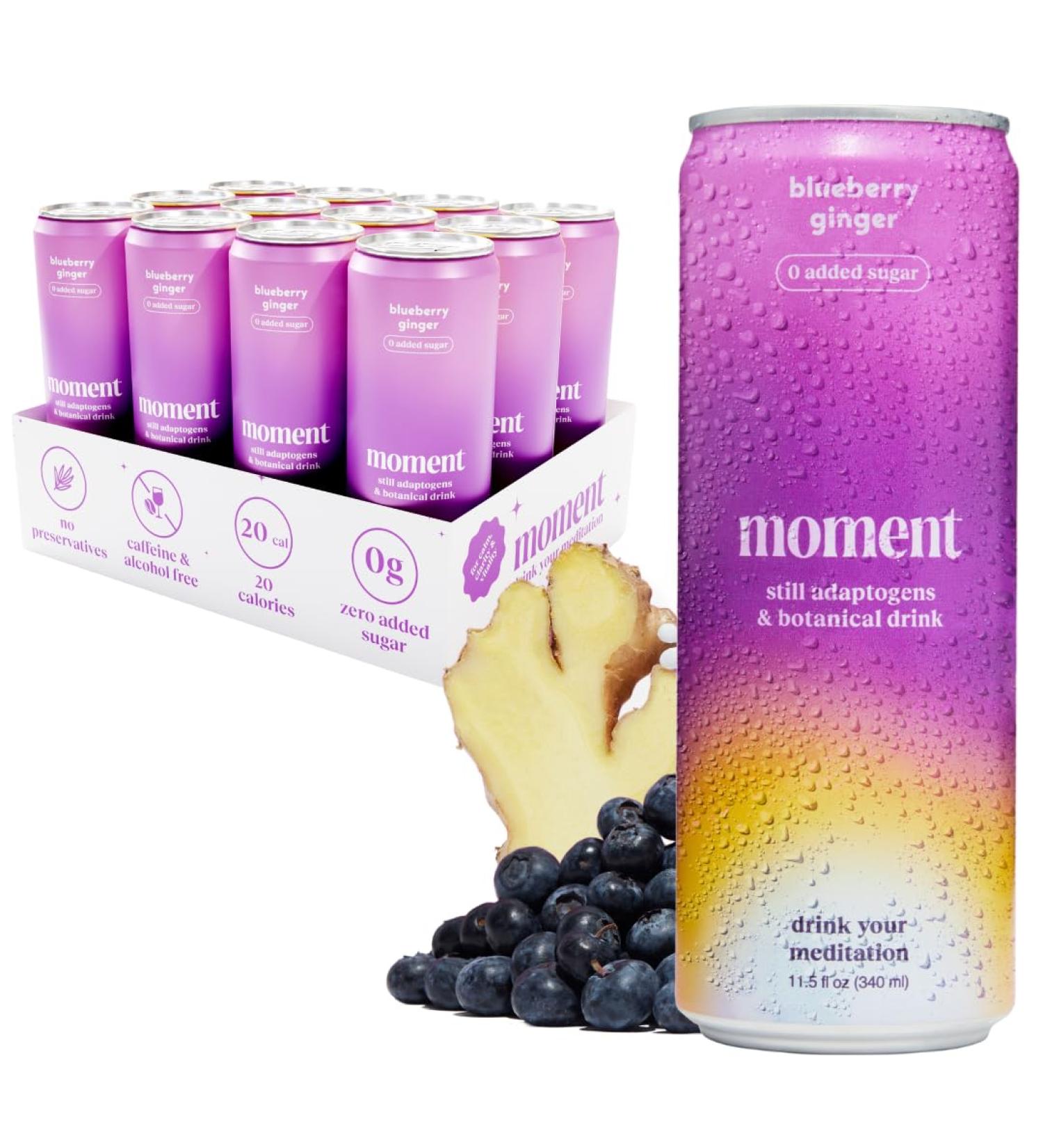 Moment Adaptogen Drink - Blueberry Ginger | Shark Tank | Non-Carbonated | 0 Sugar Caffeine Alcohol | 12-Pack | Calm & Clarity - Buy Online on GoSupps.com