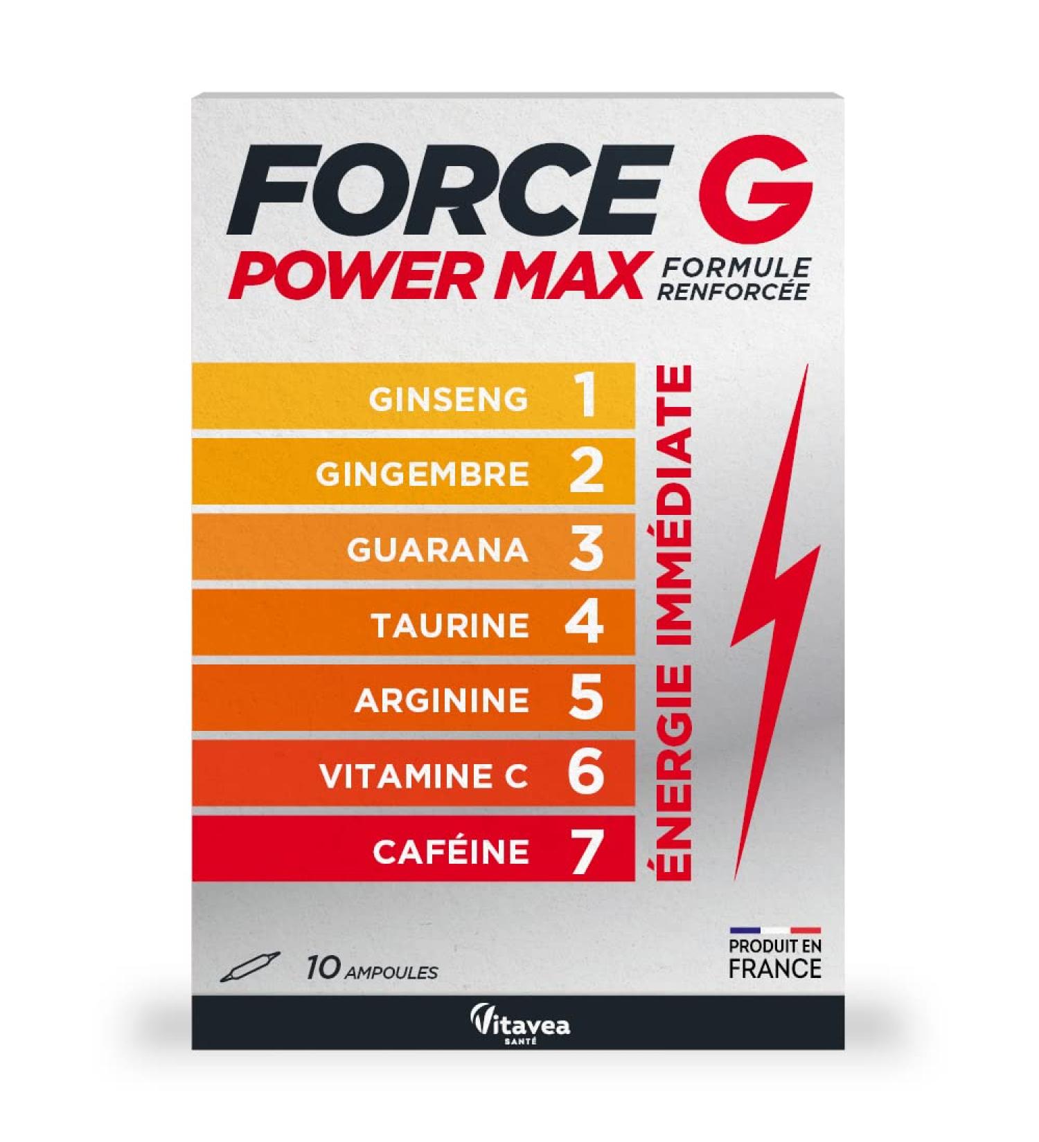 Vitavea - Force G Power Max Strengthened Formula - Immediate Energy Booster 7 active ingredients - Ginseng Ginger Guarana Taurine Arginine Vitamin C Caffeine - 10 ampoules - 10 days - Made in - Buy Online on GoSupps.com