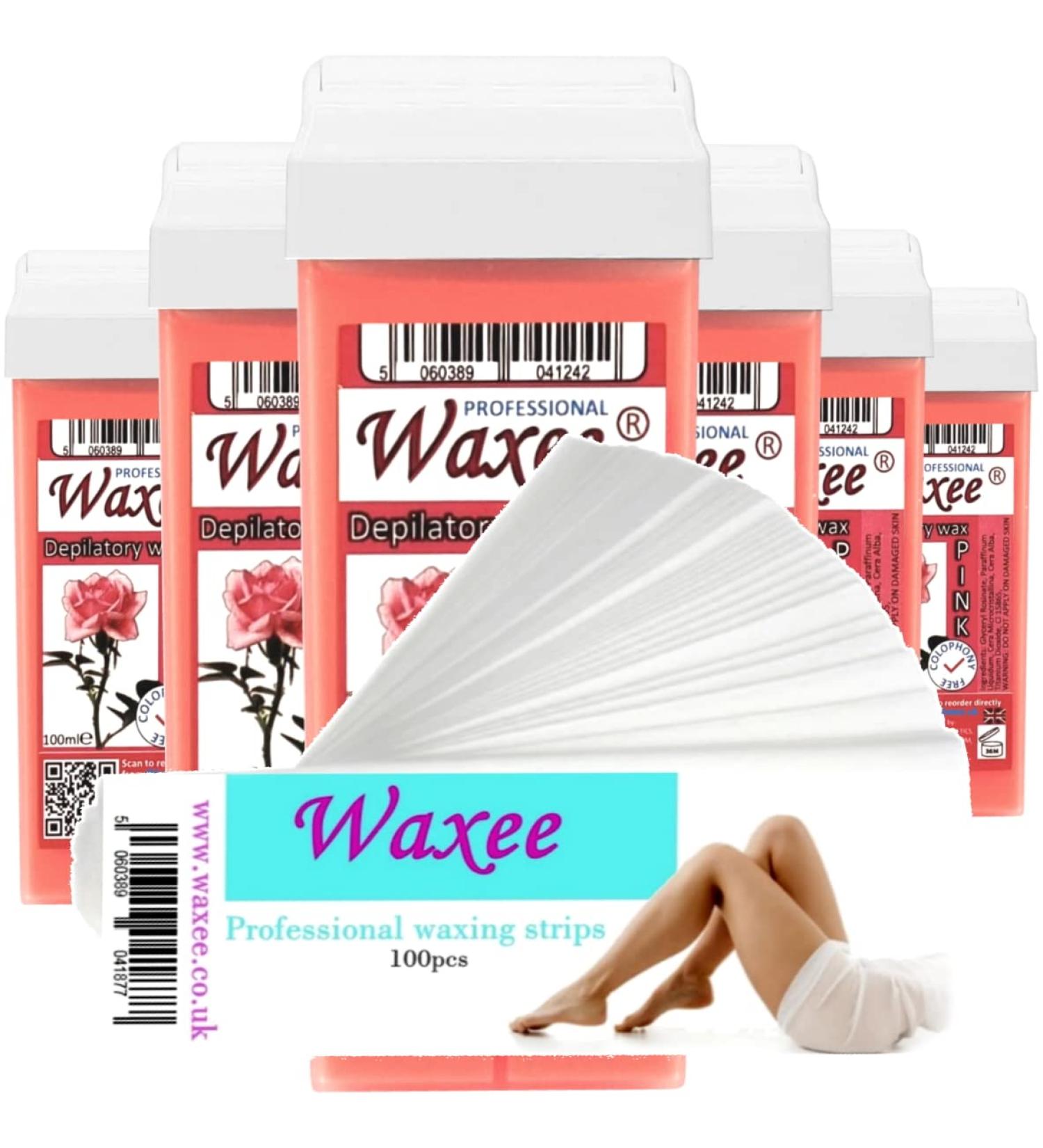 6x 100ml roll-on wax roller wax cartridge refill + 100 waxing strips from UK brand Waxee! Cream wax with Titanium Dioxide- Pink. PINK with Titanium Dioxide